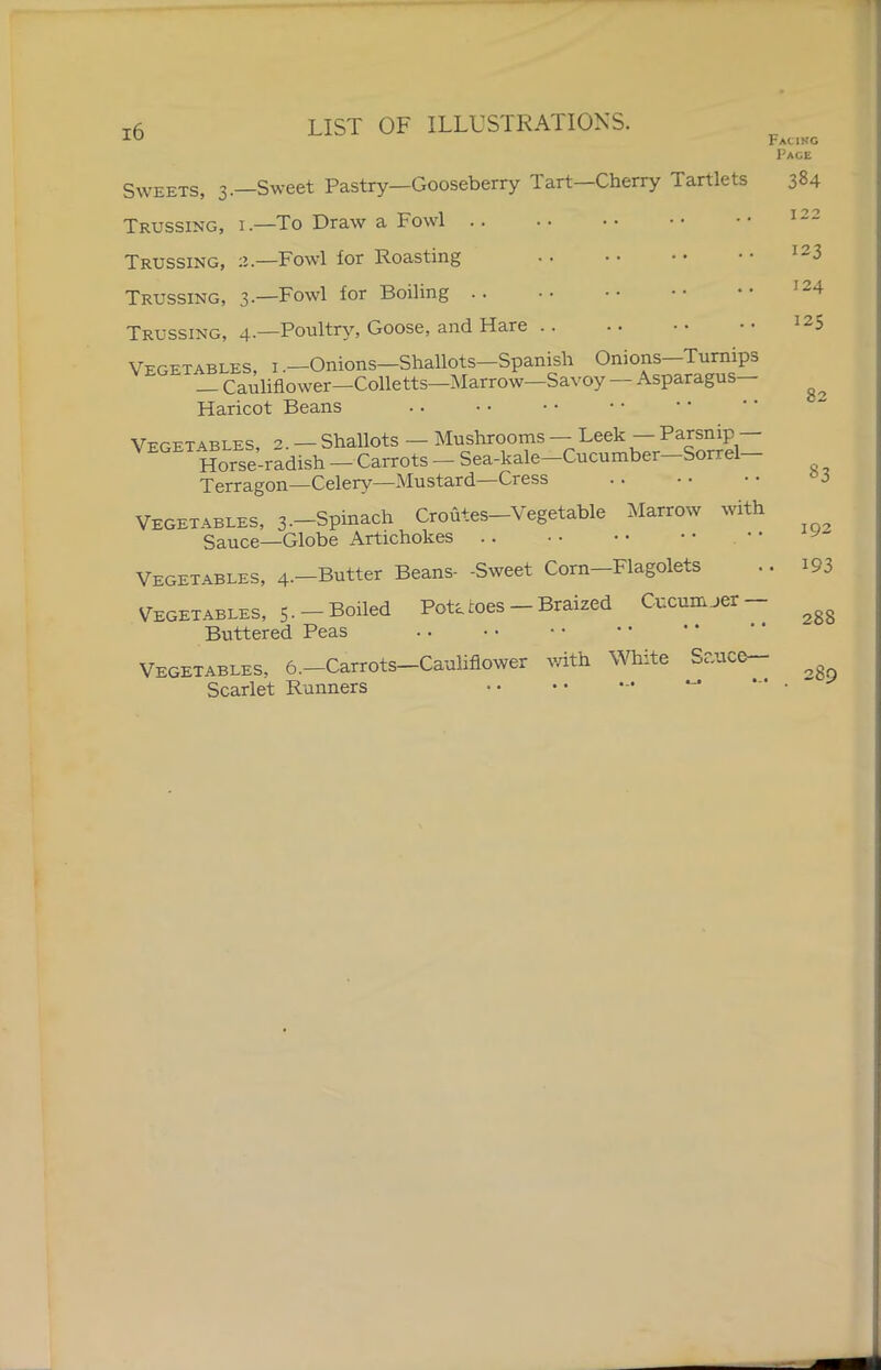 Sweets, 3.—Sweet Pastry—Gooseberry Tart—Cherry Tartlets Trussing, i—To Draw a Fowl Trussing, 2.—Fowl lor Roasting Trussing, 3.—Fowl lor Boiling Trussing, 4.—Poultry, Goose, and Hare Vegetables, i .—Onions—Shallots—Spanish Onions Turnips — Cauliflower—Colletts—Marrow—Savoy — Asparagus- Haricot Beans Vfcetables 2 — Shallots — Mushrooms — Leek — Parsnip — Horse-radish - Carrots - Sea-kale-Cucumber-Sorrel- Terragon—Celery—Mustard—Cress Vegetables, 3.-Spinach Croutes-Vegetable Marrow with Sauce—Globe Artichokes Vegetables, 4.—Butter Beans- -Sweet Corn—Flagolets Vegetables, 5 • - Boiled Pota toes - Braized Cucumjer - Buttered Peas Vegetables, b.-Carrots-Cauliflower with White Sauce- Scarlet Runners Facing Page 384 122 123 124 125 82 83 192 193 288 289