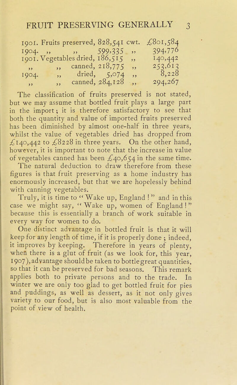 190I. Fruits preserved, 828,541 cwt. 1904. ,, )> 599> 8 35 »> 1901. Vegetables dried, 186,515 ,, „ ,, canned, 218,775 » 1904. „ dried, 5,074 ,, ,, ,, canned, 284,128 ,, £801,584 394,776 140,442 253>6i3 8,228 294,267 The classification of fruits preserved is not stated, but we may assume that bottled fruit plays a large part in the import; it is therefore satisfactory to see that both the quantity and value of imported fruits preserved has been diminished by almost one-half in three years, whilst the value of vegetables dried has dropped from £140,442 to £8228 in three years. On the other hand, however, it is important to note that the increase in value of vegetables canned has been £40,654 in the same time. The natural deduction to draw therefore from these figures is that fruit preserving as a home industry has enormously increased, but that we are hopelessly behind with canning vegetables. Truly, it is time to “ Wake up, England ! ” and in this case we might say, “ Wake up, women of England ! ” because this is essentially a branch of work suitable in every way for women to do. One distinct advantage in bottled fruit is that it will keep for any length of time, if it is properly done ; indeed, it improves by keeping. Therefore in years of plenty, when there is a glut of fruit (as we look for, this year, 1907),advantage shouldbe taken to bottlegreat quantities, so that it can be preserved for bad seasons. This remark applies both to private persons and to the trade. In winter we are only too glad to get bottled fruit for pies and puddings, as well as dessert, as it not only gives variety to our food, but is also most valuable from the point of view of health.