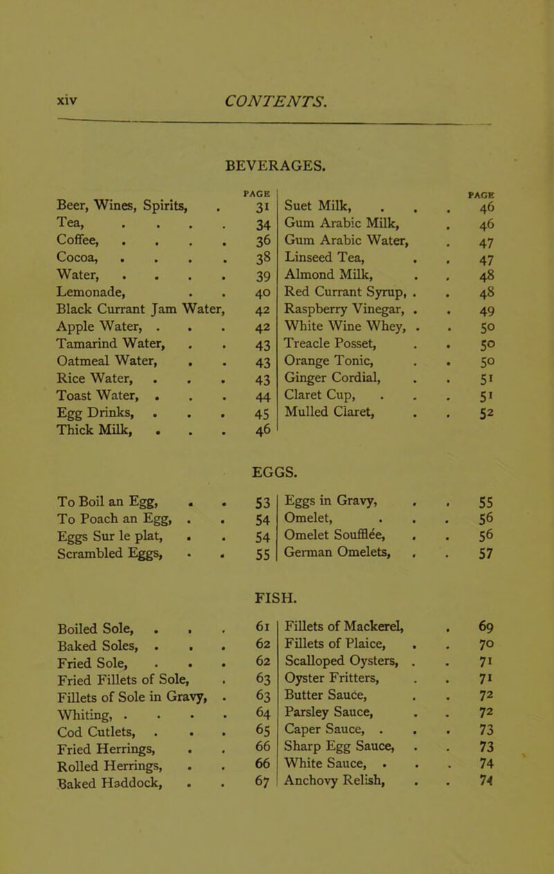 BEVERAGES. Beer, Wines, Spirits, PAGE 31 Suet Milk, PAGE 46 Tea, .... 34 Gum Arabic Milk, 46 Coffee, .... 36 Gum Arabic Water, 47 Cocoa, .... 38 Linseed Tea, 47 Water, .... 39 Almond Milk, , 48 Lemonade, 40 Red Currant Syrup, . . 48 Black Currant Jam Water, 42 Raspberry Vinegar, . . 49 Apple Water, . 42 White Wine Whey, . 50 Tamarind Water, 43 Treacle Posset, 50 Oatmeal Water, 43 Orange Tonic, 50 Rice Water, 43 Ginger Cordial, 51 Toast Water, . 44 Claret Cup, 51 Egg Drinks, Thick Milk, . 45 46 Mulled Claret, 52 EGGS. To Boil an Egg, 53 Eggs in Gravy, 55 To Poach an Egg, . 54 Omelet, . 56 Eggs Sur le plat, . 54 Omelet Souffl^e, 56 Scrambled Eggs, 55 German Omelets, 57 FISH. Boiled Sole, . , 61 Fillets of Mackerel, 69 Baked Soles, . 62 Fillets of Plaice, 70 Fried Sole, . . • 62 Scalloped Oysters, . 71 Fried Fillets of Sole, 63 Ojreter Fritters, 71 Fillets of Sole in Gravy, . 63 Butter Sauce, 72 Whiting, .... 64 Parsley Sauce, 72 Cod Cutlets, 65 Caper Sauce, . 73 Fried Herrings, 66 Sharp Egg Sauce, 73 Rolled Herrings, 66 White Sauce, . 74 Baked Haddock, . 67 Anchovy Relish, 74