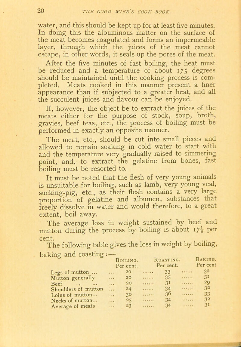 water, and this should be kept up for at least five minutes. In doing this the albuminous matter on the surface of the meat becomes coagulated and forms an impermeable layer, through which the juices of the meat cannot escape, in other words, it seals up the pores of the meat. After the five minutes of fast boiling, the heat must be reduced and a temperature of about 175 degrees should be maintained until the cooking process is com- pleted. Meats cooked in this manner present a finer appearance than if subjected to a greater heat, and all the succulent juices and flavour can be enjoyed. If, however, the object be to extract the juices of the meats either for the purpose of stock, soup, broth, gravies, beef teas, etc., the process of boiling must be performed in exactly an opposite manner. The meat, etc., should be cut into small pieces and allowed to remain soaking in cold water to start with and the temperature very gradually raised to simmering point, and, to extract the gelatine from bones, fast boiling must be resorted to. It must be noted that the flesh of very young animals is unsuitable for boiling, such as lamb, very young veal, sucking-pig, etc., as their flesh contains a very large proportion of gelatine and albumen, substances that freely dissolve in water and would therefore, to a great extent, boil away. The average loss in weight sustained by beef and mutton during the process by boiling is about ij\ per cent. The following table gives the loss in weight by boiling, baking and roasting : — Legs of mutton ... Mutton generally Beef ... ••• Shoulders of mutton Loins of mutton... Necks of mutton... Average of meats Boiling. Roasting. Baking. Per cent. Per cent. Per cent 20 33 32 20 35 31 20 31 29 24 34 32 30 36 33 25 34 32 23 34 31-