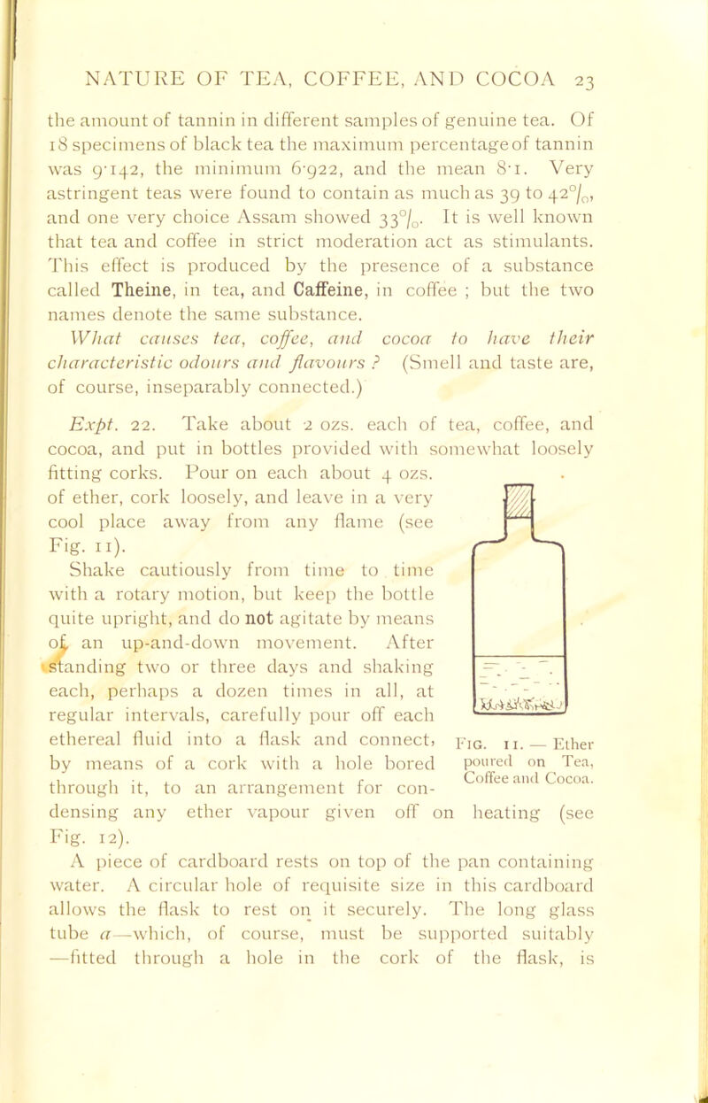 the amount of tannin in different samples of genuine tea. Of 18 specimens of black tea the maximum percentage of tannin was 9-142, the minimum 6-922, and the mean 8’i. Very astringent teas were found to contain as much as 39 to 42°/0, and one very choice Assam showed 33°/0. It is well known that tea and coffee in strict moderation act as stimulants. This effect is produced by the presence of a substance called Theine, in tea, and Caffeine, in coffee ; but the two names denote the same substance. What causes tea, coffee, and cocoa to have their characteristic odours and flavours ? (Smell and taste are, of course, inseparably connected.) Expt. 22. Take about 2 ozs. each of tea, coffee, and cocoa, and put in bottles provided with somewhat loosely fitting corks. Pour on each about 4 ozs. of ether, cork loosely, and leave in a very cool place away from any flame (see Fig. 11). Shake cautiously from time to time with a rotary motion, but keep the bottle quite upright, and do not agitate by means oL an up-and-down movement. After * standing two or three days and shaking each, perhaps a dozen times in all, at regular intervals, carefully pour off each ethereal fluid into a flask and connect by means of a cork with a hole bored through it, to an arrangement for con- densing any ether vapour given off on heating (see Fig. 12). A piece of cardboard rests on top of the pan containing water. A circular hole of requisite size in this cardboard allows the flask to rest on it securely. The long glass tube a—which, of course, must be supported suitably —fitted through a hole in the cork of the flask, is Fig. 11. — Ether poured on Tea, Coffee and Cocoa.