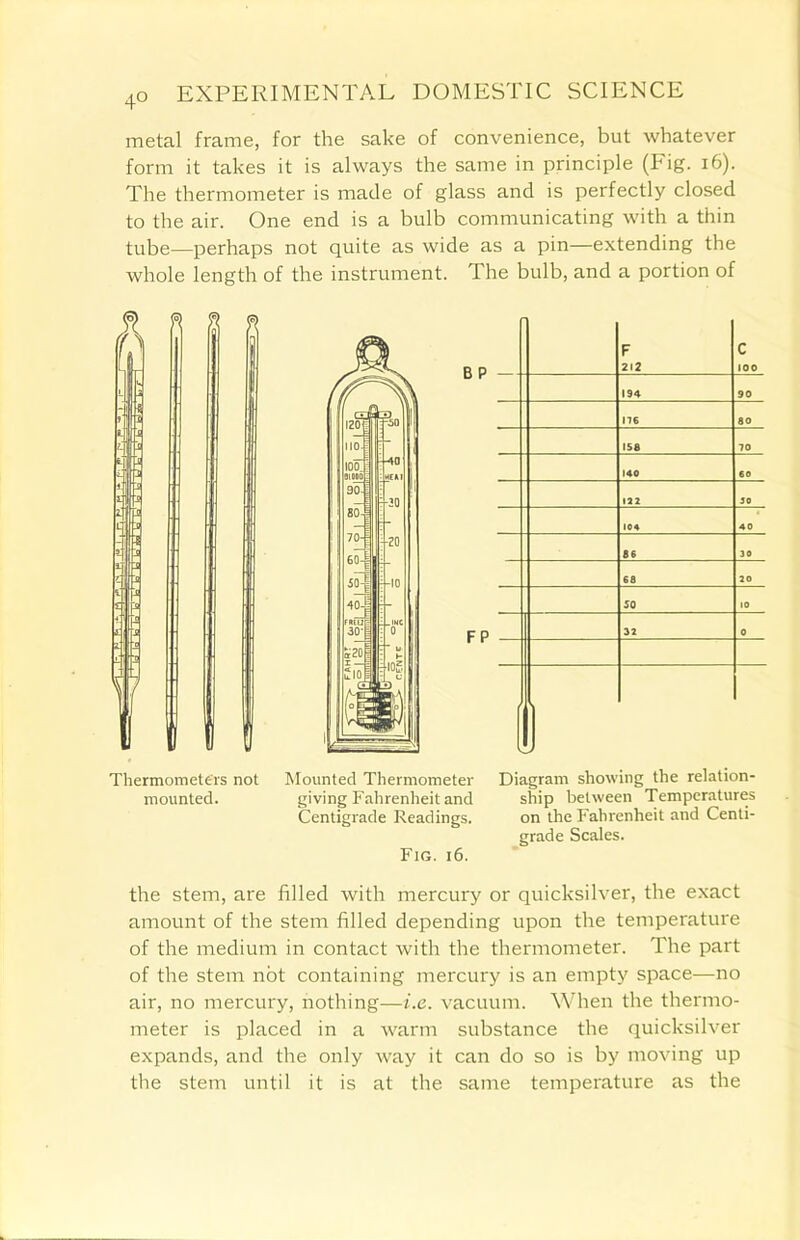 metal frame, for the sake of convenience, but whatever form it takes it is always the same in principle (Fig. 16). The thermometer is made of glass and is perfectly closed to the air. One end is a bulb communicating with a thin tube—perhaps not quite as wide as a pin—extending the whole length of the instrument. The bulb, and a portion of Thermometers not Mounted Thermometer Diagram showing the relation- mounted. giving Fahrenheit and ship between Temperatures Centigrade Readings. on the Fahrenheit and Centi- grade Scales. Fig. 16. the stem, are filled with mercury or quicksilver, the exact amount of the stem filled depending upon the temperature of the medium in contact with the thermometer. The part of the stem not containing mercury is an empty space—no air, no mercury, nothing—i.e. vacuum. When the thermo- meter is placed in a warm substance the quicksilver expands, and the only way it can do so is by moving up the stem until it is at the same temperature as the