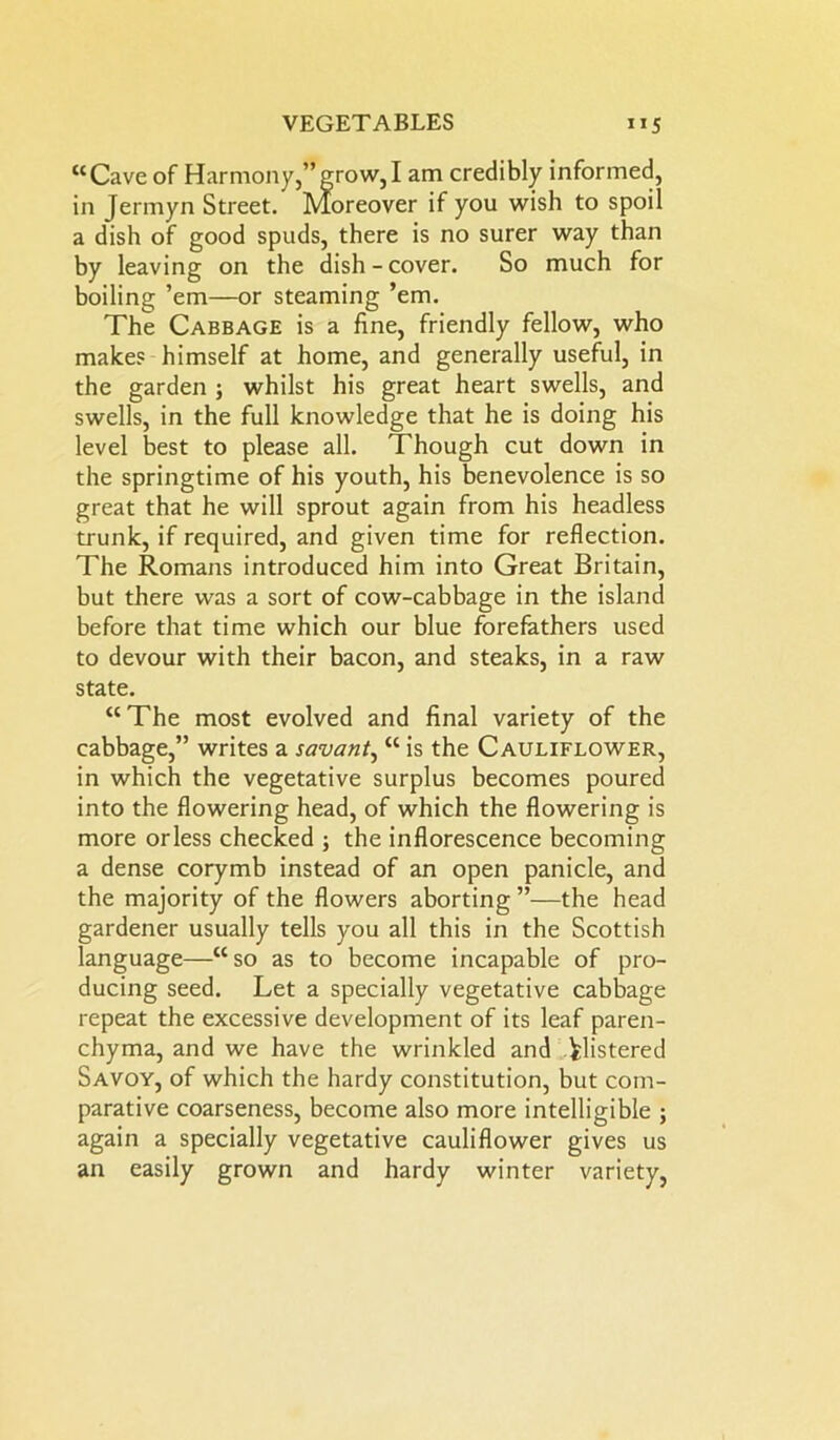 “Cave of Harmony,”grow,I am credibly informed, in Jermyn Street. Moreover if you wish to spoil a dish of good spuds, there is no surer way than by leaving on the dish - cover. So much for boiling ’em—or steaming ’em. The Cabbage is a fine, friendly fellow, who makes himself at home, and generally useful, in the garden ; whilst his great heart swells, and swells, in the full knowledge that he is doing his level best to please all. Though cut down in the springtime of his youth, his benevolence is so great that he will sprout again from his headless trunk, if required, and given time for reflection. The Romans introduced him into Great Britain, but there was a sort of cow-cabbage in the island before that time which our blue forefathers used to devour with their bacon, and steaks, in a raw state. “The most evolved and final variety of the cabbage,” writes a savant, “ is the Cauliflower, in which the vegetative surplus becomes poured into the flowering head, of which the flowering is more orless checked ; the inflorescence becoming a dense corymb instead of an open panicle, and the majority of the flowers aborting ”—the head gardener usually tells you all this in the Scottish language—“ so as to become incapable of pro- ducing seed. Let a specially vegetative cabbage repeat the excessive development of its leaf paren- chyma, and we have the wrinkled and glistered Savoy, of which the hardy constitution, but com- parative coarseness, become also more intelligible ; again a specially vegetative cauliflower gives us an easily grown and hardy winter variety,