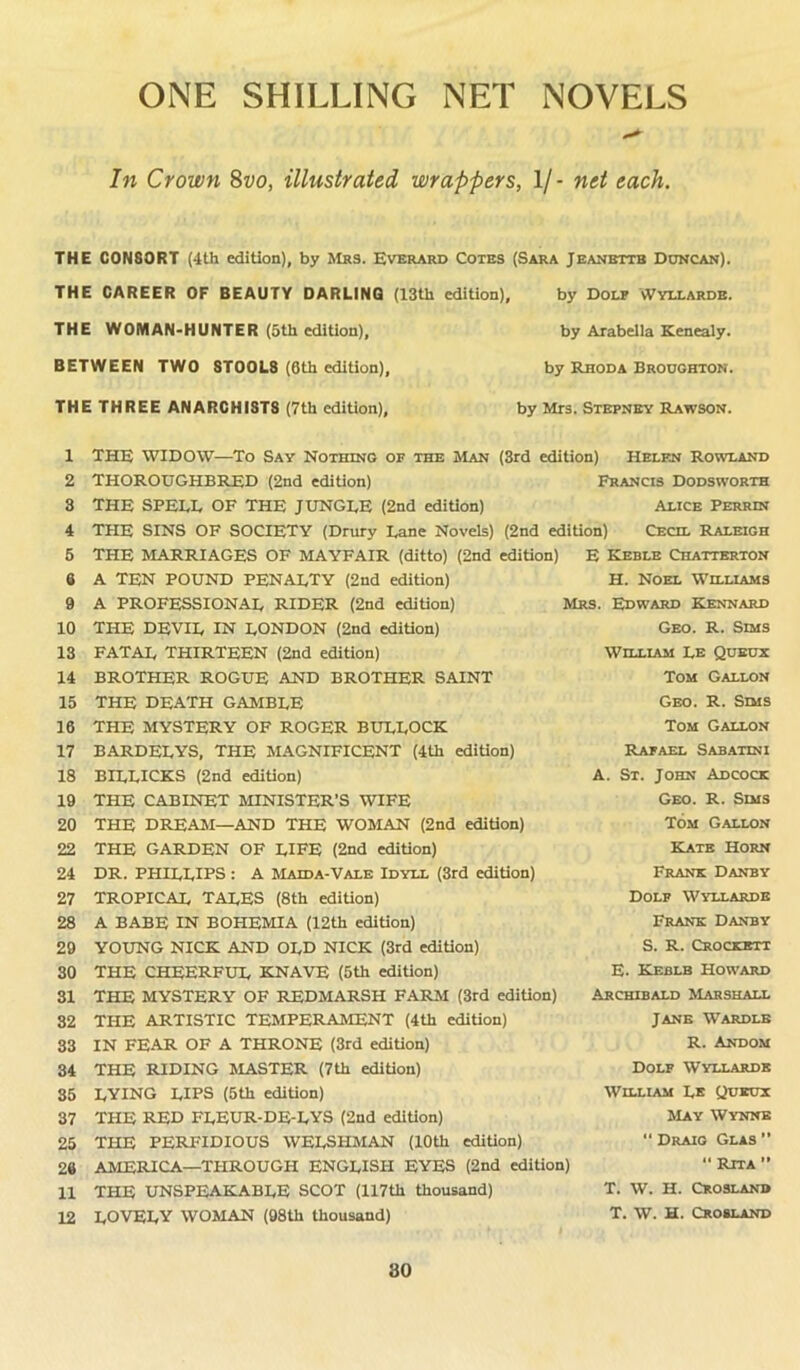 ONE SHILLING NET NOVELS In Crown 8vo, illustrated wrappers, 1/- net each. THE CONSORT (4th edition), by Mrs. Everard Cotes (Sara Jeanettb Duncan). THE CAREER OF BEAUTY DARLING (13th edition), by Dole Wyllarde. THE WOMAN-HUNTER (5th edition), by Arabella Kenealy. BETWEEN TWO STOOLS (6th edition), by Rhoda Broughton. THE THREE ANARCHISTS (7th edition), by Mrs. Stepney Rawson. 1 2 3 4 5 6 9 10 13 14 15 16 17 18 19 20 22 24 27 28 29 30 31 32 33 34 35 37 25 26 11 12 THE WIDOW—To Say Nothing of the Man (3rd edition) Helen Rowland THOROUGHBRED (2nd edition) Francis Dodsworth THE SPEED OF THE JUNGEE (2nd edition) Alice Perrin THE SINS OF SOCIETY (Drury Lane Novels) (2nd edition) Cecil Raleigh THE MARRIAGES OF MAYFAIR (ditto) (2nd edition) E Keble Chatterton A TEN POUND PENAETY (2nd edition) A PROFESSIONAL RIDER (2nd edition) THE DEVIE IN LONDON (2nd edition) FATAL THIRTEEN (2nd edition) BROTHER ROGUE AND BROTHER SAINT THE DEATH GAMBLE THE MYSTERY OF ROGER BULLOCK BARDELYS, THE MAGNIFICENT (4th edition) BILLICKS (2nd edition) THE CABINET MINISTER'S WIFE THE DREAM—AND THE WOMAN (2nd edition) THE GARDEN OF LIFE (2nd edition) DR. PHILLIPS : A Maida-Vale Idyll (3rd edition) TROPICAL TALES (8th edition) A BABE IN BOHEMIA (12th edition) YOUNG NICK AND OLD NICK (3rd edition) THE CHEERFUL KNAVE (5th edition) THE MYSTERY OF REDMARSH FARM (3rd ediUon) THE ARTISTIC TEMPERAMENT (4th edition) IN FEAR OF A THRONE (3rd edition) THE RIDING MASTER (7th edition) LYING LIPS (5th edition) THE RED FLEUR-DE-LYS (2nd edition) THE PERFIDIOUS WELSHMAN (10th edition) AMERICA—THROUGH ENGLISH EYES (2nd edition) THE UNSPEAKABLE SCOT (117th thousand) LOVELY WOMAN (98th thousand) H. Noel Williams Mrs. Edward Kennard Geo. R. Sims William Le Queue Tom Gallon Geo. R. Sbis Tom Gallon Rafael Sabatini A. St. John Adcock Geo. R. Sims Tom Gallon Kate Horn Frank Danby Dole Wyllarde Frank Danby S. R. Crockett E. Keblb Howard Archibald Marshall Jane Wardlb R. Andom Dole Wyllarde William Le Queue May Wynne “ Draig Glas ” “ Rita ” T. W. H. Crosland T. W. H. Crosland