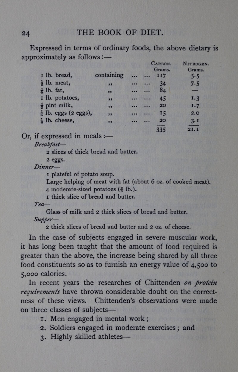 Expressed in terms of ordinary foods, the above dietary is approximately as follows:— I lb. bread, containing Carbon. Grams. I17 Nitrogen. Grams. 5-5 i lb. meat, ,, 34 7*5 i lb. fat, „ 84 — I lb. potatoes, ,, 45 1-3 J pint milk, ,, 20 1-7 1 lb. eggs (2 eggs), ,, 15 2.0 J lb. cheese, ,, 20 31 ‘ expressed in meals :— 335 21.1 Breakfast— 2 slices of thick bread and butter. 2 eggs. Dinner— I plateful of potato soup. Large helping of meat with fat (about 6 oz. of cooked meat). 4 moderate-sized potatoes lb.). 1 thick slice of bread and butter. Tea— Glass of milk and 2 thick slices of bread and butter. Supper— 2 thick slices of bread and butter and 2 oz. of cheese. In the case of subjects engaged in severe muscular work, it has long been taught that the amount of food required is greater than the above, the increase being shared by all three food constituents so as to furnish an energy value of 4,500 to 5,000 calories. In recent years the researches of Chittenden on protein requirements have thrown considerable doubt on the correct- ness of these views. Chittenden^s observations were made on three classes of subjects— 1. Men engaged in mental work ; 2. Soldiers engaged in moderate exercises; and 3. Highly skilled athletes—