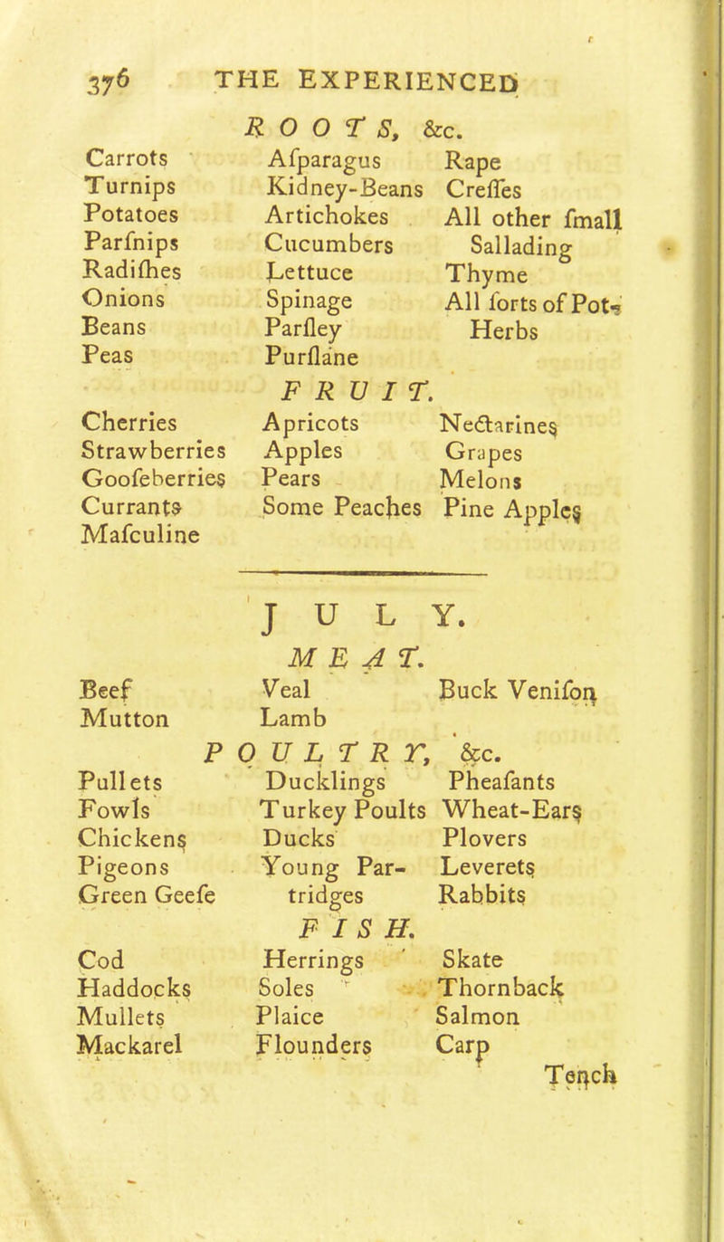 f 376 THE experienced; ROOTS, &c. Carrots Afparagus Rape Turnips Kidney-Beans Creffes Potatoes Artichokes All other fmall Parfnips Cucumbers Sallading Radifhes Eettuce Thyme Onions Spinage All forts of Pot-5 Beans Parfley Herbs Peas Purflane FRUIT. ' Cherries Apricots Nediarines Strawberries Apples Grapes Goofeberries Pears , Melons Currants Mafculine Some Peaches Pine Applc§ J U L M E J T. Y. Beef Veal Buck Venifon Mutton Lamb P 0 U L T R r. &c. Pullets Ducklings Pheafants Fowls Turkey Poults Wheat-Ear^ Chickens Ducks Plovers Pigeons Young Par- Leverets Green Geefe tridges FISH. Rabbits Cod Herrings Skate Haddocks Soles '■ . Thornback Mullets Plaice ' , Salmon Mackarel . X - . flounders Carp Tei^ch