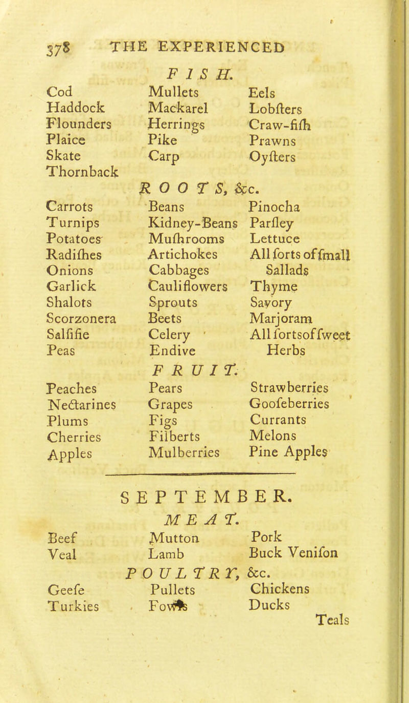 Cod FISH. Mullets Eels Haddock Mackarel Lobflers Flounders Herrings Craw-filh Plaice Pike Prawns Skate Carp Oyflers Thornback R 0 0 T S, &c. Carrots Beans Pinocha Turnips Kidney-Beans Parfley Potatoes' Mufhrooms Lettuce Radifhes Artichokes All forts of fmall Onions Cabbages Sallads Garlick Cauliflowers Thyme Shalots Sprouts Savory Scorzonera Beets Marjoram Salfifie Celery ’ All fortsof fweet Peas Endive Herbs / F R U 1 T. Peaches Pears Strawberries Nectarines Grapes Goofeberries Plums Figs Currants Cherries Filberts Melons Apples Mulberries Pine Apples SEPTEMBER. M E H T. Beef Mutton Pork Veal Lamb Buck Venifon P OULTR r. &c. Geefe Pullets Chickens Turkies . Fo\#s Ducks Teals
