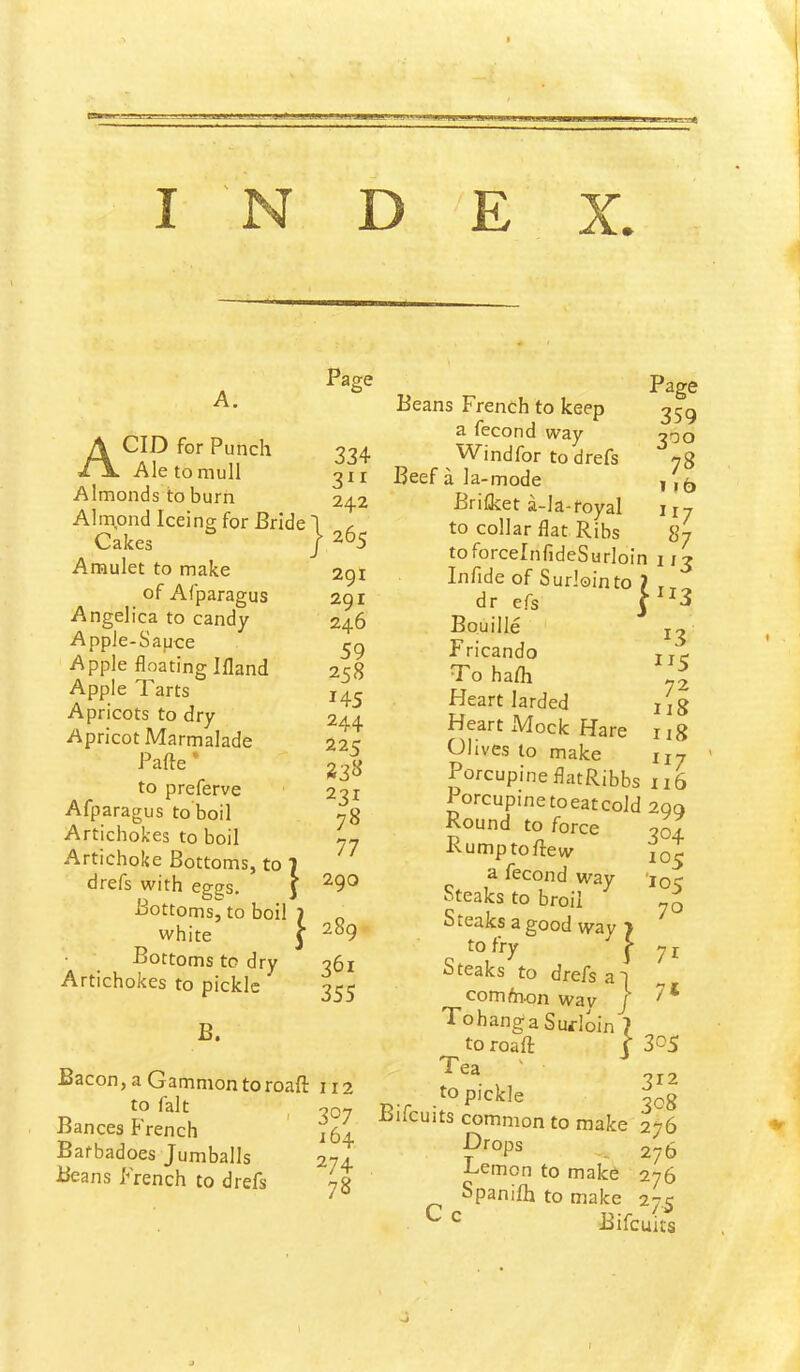 ESS* Page } A. Acid for Punch Ale to mull Almonds to burn Alirtond Iceing for Bride Cakes Amulet to make of Afparagus Angelica to candy Apple-Sapce Apple floating Ifland Apple Tarts Apricots to dry Apricot Marmalade Pafte ' to preferve Afparagus to'boil Artichokes to boil Artichoke Bottoms, to 1 drefs with eggs. J Bottoms, to boil } white y Bottoms to dry Artichokes to pickle B. Bacon, a Gammon toroaft 112 to fait j ooy Bances French Bafbadoes Jumballs 274. Beans hrench to drefs yg 334 3^1 242 265 291 291 246 59 258 145 244 22c 23« 231 78 77 290 289 361 355 Page 359 300 78 I lb 87 Beans French to keep a fecond way W^indfor to drefs Beef a la-mode Bri&et Tla-royal to collar flat Ribs toforcelnfideSurloin 1x3 Infide of Surlointo ? dr efs I ^3 Bouille Fricando To ha/h Heart larded Heart Mock Hare Olives to make . Porcupine flatRibbs 116 Porcupinetoeatcold 299 13 1^5 72 118 118 117 304 105 '105 70 7r 7< Round to force Rump to Rew a fecond way Steaks to broil Steaks a good wav > to fry ^ f Steaks to drefs a) comfti.on way J TohangaSufloin 7 to roaft (■ 305 Tea ' 312 to pickle ^08 Bilcuits common to make 276 ^ 276 ■Lemon to make 276 Spanifti to make 27? C c Bifcuits r