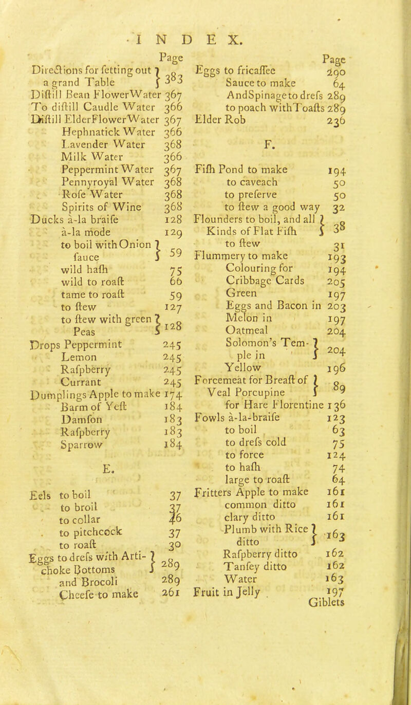 Page DirCiSlions for fetting out | „ a grand Table y 3 3 Diftill Bean Flower Water 367 7'o diftill Caudle Water 366 LHftill ElderFlowerWater 367 Hephnatick Water 366 I.avender Water 368 Milk Water 366 Peppermint Water 367 Pennyroyal Water 368 Rofe Water 368 Spirits of Wine 368 Ducks a-la braife 128 a-la niode 129 to boil withOnion 7 fauce 5 wild hafti 75 wild to roaft 6b tame to roaft 59 to ftew 127 to ftew with green ? „ Peas i ^ Drops Peppermint 245 Lemon 245 Rafpberry 245 Currant 245 Dumplings Apple to make 174 BarmofYeft 184 Damfon 183 Rafpberry 183 Sparrow 184 Eels E. to boil ' to broil to collar to pitchcock to roaft 37 ^6 37 30 Epo-s todrefs w/th Arti- ? choke Bottoms S and Brocoli ^89 Chcefe to malce 261 J 38 Eggs to fricaflec 290 Sauce to make 64 AndSpinagetodrefs 289 to poach withToafts 289 Elder Rob 236 F. Fifh Pond to make 194 to caveach 50 to preferve 50 to ftew a good way 32 Flounders to boil, and all Kinds of Flat Fifti to ftew 21 Flumrpery to make 19^ Colouring for 194 Cribbagc Cards 205 Green 197 Eggs and Bacon in 203 Melon in 197 Oa.tmeal 264 Solomon’s Tern- ? pie in • 1 Yellow 196 Forcemeat for Breaft of ) Veal Porcupine 1 for Hare Florentine 136 Fowls a-la-braife 123 to boil 63 to drefs cold 75 to force 124 to hafti 74 large to roaft 64 Fritters Apple to make 161 common ditto 161 clary ditto 161 ^Plumb with Rice ditto Rafpberry ditto 162 Tanfey ditto 162 Water 163 Fruit in Jelly ^97 Giblets 89 } 163