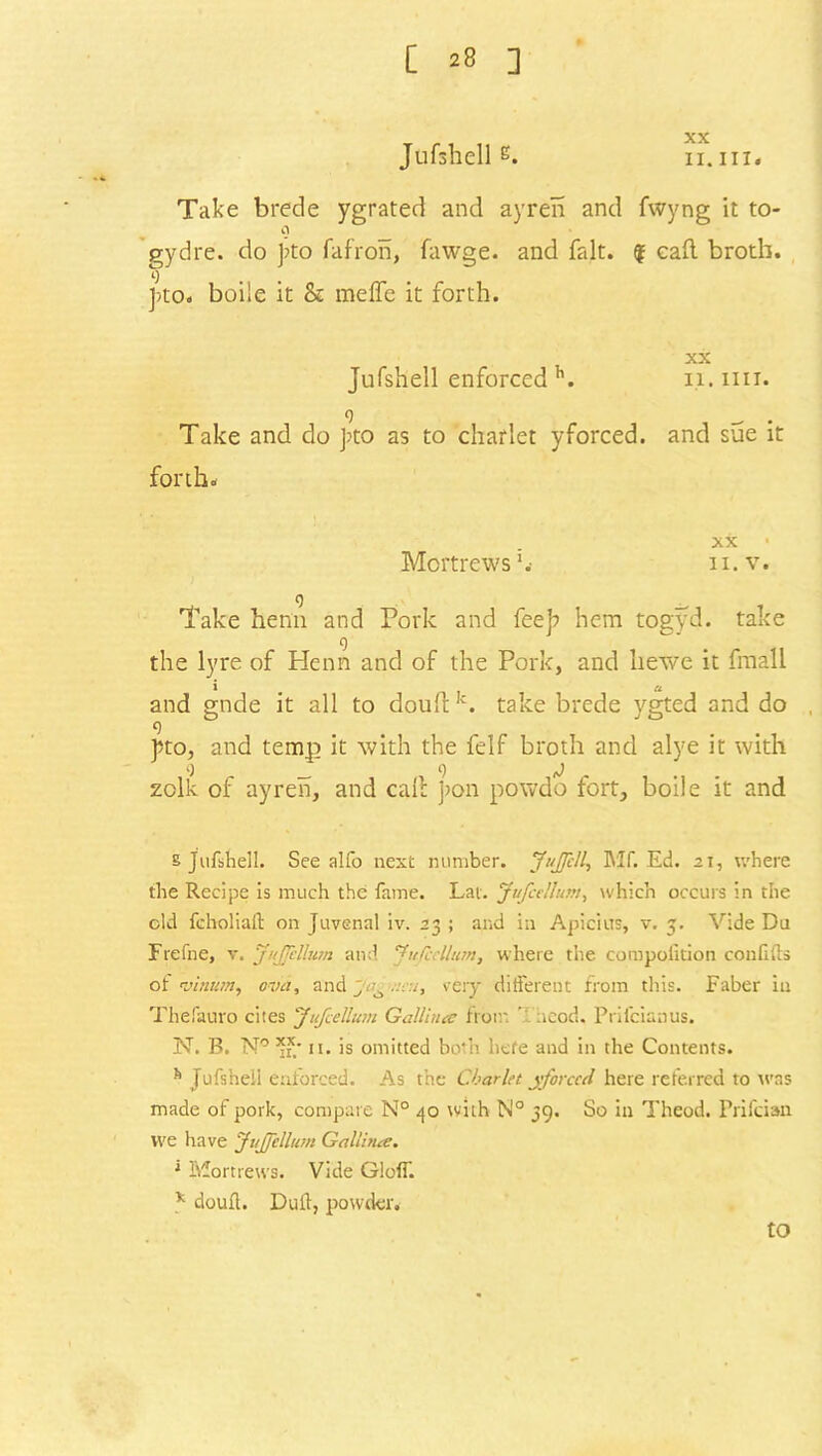 Jufsbell E. ii. in. Take brede ygrated and ayren and fwyng it to- 0 gydre. do Jffo fafron, fawge. and fait, $ cad broth. j)to. boiie it & meffe it forth. Jufsbell enforced h. o Take and do ]?to as to charlet yforced. forth. XX • Mortrews1.- ii.v. 9 __ Take hen'n and Pork and fee]? hem togyd. take 9 the lyre of Henn and of the Pork, and hewe it fmall i a and gnde it all to douft. take brede ygted and do J?to, and temp it with the felf broth and alye it with o _ () ,j 2olk of ayren, and call ]?on powdo fort, boiie it and § Jufsbell. See alfo next number. Jujfcll, Mf. Ed. 21, where the Recipe is much the fame. Lav. Jufcellum, which occurs in the old fcholiaff on Juvenal iv. 23 ; and in Apicius, v. 3. Vide Du Frefne, v. JuJTellum and Jufccllujn, where the competition confifts of v'tman, ova, and very different from this. Faber in Thefauro cites Jufcellum Gallliuc from M hcod. Prifcianus. N. B. N° 11. is omitted both befe and in the Contents, k Jufs’neii enforced. As the Charlet yforced here referred to was made of pork, compare N° 40 with N° 39. So in Theod. Prifcian vve have JuJfellum G alii nee. 1 Mortrews. Vide Gloff. * douff. Duff, powder. to xx II.IIII. and sue it