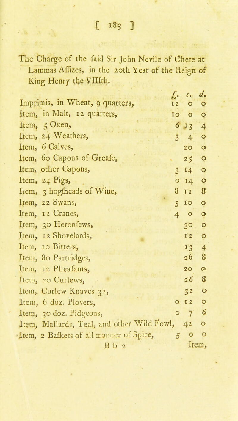 [ ] The Charge of the faid Sir John Nevile of Chete at Lammas Afiizes, in the 20th Year of the Reign of King Henry the VIHth. £• s. d. Imprimis, in Wheat, 9 quarters, 12 0 0 Item, in Malt, 12 quarters, 10 0 0 Item, 5 Oxen, 6 13 4 Item, 24 Weathers, 3 4 0 Item, 6 Calves, 20 0 Item, 60 Capons of Greafe, • 25 0 Item, other Capons, 3 14 0 Item, 24 Pigs, 0 T4 0 Item, 3 hogfheads of Wine, 8 11 8 Item, 22 Swans, 5 10 0 Item, 11 Cranes, 4 0 0 Item, 30 Heronfevvs, 30 0 Item, 12 Shovelards, 12 0 Item, 10 Bitters, 13 4 Item, 80 Partridges, 26 8 Item, 12 Pheafants, 20 0 Item, 20 Curlews, 2 6 8 Item, Curlew Knaves 32, 32 0 Item, 6 doz. Plovers, 0 12 0 Item, 30 doz. Pidgeons, 0 7 6 Item, Mallards, Teal, and other Wild Fowl, 42 0 Item, 2 Bafkets of all manner of Spice, 5 0 0