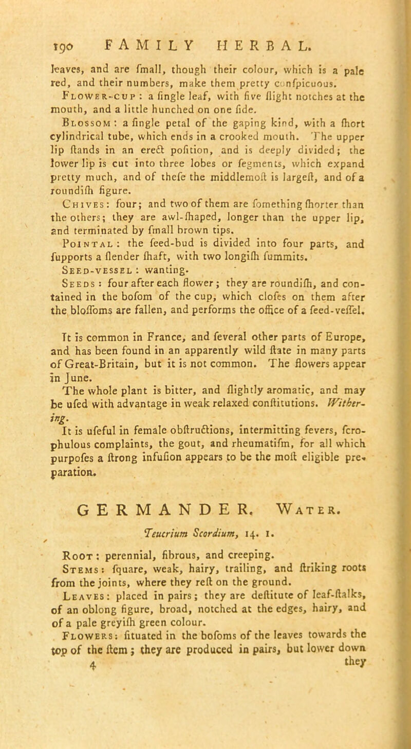 leaves, and are fmall, though their colour, which is a pale red, and their numbers, make them pretty cunfpicuous. Flower-cup : a Tingle leaf, with five flight notches at the mouth, and a little hunched on one fide. Blossom: a Tingle petal of the gaping kind, with a fhort cylindrical tube, which ends in a crooked mouth. The upper lip (lands in an ereft pofition, and is deeply divided; the lower lip is cut into three lobes or fegments, which expand pretty much, and of thefe the middlemoft is larged, and of a roundi(h figure. Chives: four; and two of them are fomething fhorter than the others; they are awl-lhaped, longer than the upper lip, and terminated by fmall brown tips. Pointal : the Teed-bud is divided into four parts, and fupports a (lender (haft, with two longifh fummits. Seed-vessel : wanting. Seeds : four after each flower; they are roundifli, and con- tained in the bofom of the cup, which clofes on them after the blofloms are fallen, and performs the office of a feed-veflel. Tt is common in France, and feveral other parts of Europe, and has been found in an apparently wild date in many parts of Great-Britain, but it is not common. The flowers appear in June. The whole plant is bitter, and (lightly aromatic, and may be ufed with advantage in weak relaxed conditutions. Wither- ing- It is ufeful in female obflrudtions, intermitting fevers, fero- phulous complaints, the gout, and rheumatifm, for all which purpofes a flrong infuflon appears to be the mod eligible pre* paration. GERMANDER. Water. Teucrium Scordium, 14. I. Root: perennial, fibrous, and creeping. Stems: fquare, weak, hairy, trailing, and flriking roots from the joints, where they red on the ground. Leaves: placed in pairs; they are deditute of Ieaf-dalks, of an oblong figure, broad, notched at the edges, hairy, and of a pale greyilh green colour. Flowers: fituated in the bofoms of the leaves towards the top of the dem ; they are produced in pairs, but lower down 4 they