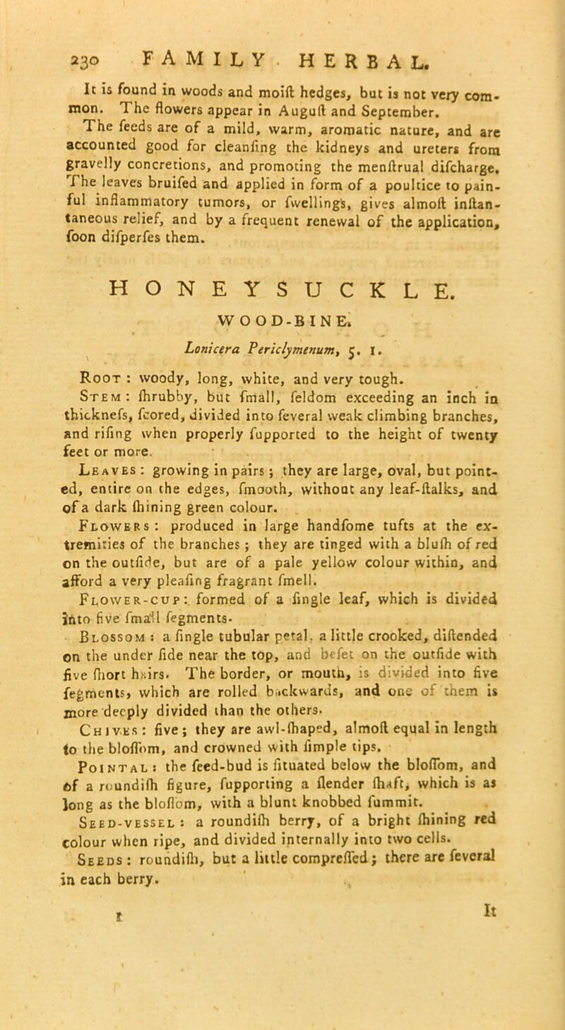 It is found in woods and moift hedges, but is not very com- mon. 1 he flowers appear in Auguft and September. The feeds are of a mild, warm, aromatic nature, and are accounted good for cleanfing the kidneys and ureters from gravelly concretions, and promoting the menftrual difeharge. The leaves bruifed and applied in form of a poultice to pain- ful inflammatory tumors, or fwelling's, gives almoft initan- taneous relief, and by a frequent renewal of the application, foon difperfes them. HONEYSUCKLE. WOOD-BINE. Lonicera Periclymenum, 5. I. Root : woody, long, white, and very tough. Stem: fhrubby, but fmall, feldom exceeding an inch in thicknefs, fcored, divided into feveral weak climbing branches, and rifing when properly fupported to the height of twenty feet or more. Leaves : growing in pairs; they are large, oval, but point- ed, entire on the edges, fmooth, without any leaf-ftalks, and of a dark fhining green colour. Flowers: produced in large handfome tufts at the ex- tremities of the branches; they are tinged with a bluih of red on the outfide, but are of a pale yellow colour within, and afford a very pleafing fragrant fmell. Flower-cup: formed of a Angle leaf, which is divided into five fmall fegments. Blossom : a Angle tubular petal, a little crooked, diftended on the under fide near the top, and befet on the outfide with five fiiort hsirs. The border, or mouth, is divided into five fegments, which are rolled backwards, and one of them is more deeply divided than the others. Chives: five; they are awl-fhaped, almoft equal in length to the bloflom, and crowned with Ample tips. Pointal : the feed-bud is fituated below the bloflom, and of a roundilh figure, fupporting a flender fhaft, which is as long as the bloflom, with a blunt knobbed fummit. Seed-vessel: a roundilh berry, of a bright fhining red colour when ripe, and divided internally into two cells. Seeds: roundilh, but a little comprefled; there are feveral in each berry. I