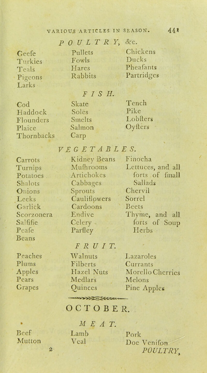 POULTRY, &c. Ceefe Pullets Chickens Turkies Fowls Ducks Teals Hares Pheafants Pigeons Rabbits Partridges Larks FISIL Cod Skate Tench Haddock Soles Pike Flounders Smelts Lobfters Plaice Salmon Oy Iters Thornbacks Carp VEGETABLES. Carrots Kidney Beans Finocha Turnips Mufh rooms Lettuces, and all Potatoes Artichokes forts of final 1 Shalots Cabbages Sal lads Onions Sprouts Chervil Leeks Caulillpwers Sorrel Garlick Cardoons Beets Scorzonera Endive Thyme, and all Saififie Celery forts of Soup Peafe Par (ley Herbs Beans FRUIT. Peaches W alnuts Lazaroles Plums Filberts Currants Apples Hazel Nuts Morello Cherries Pears Medlars Melons Grapes Ouinces Pine Apples OCTOBER. * MEAT. Beef Lamb Pork Mutton Veal Doe Venifon 2 POULTRY’