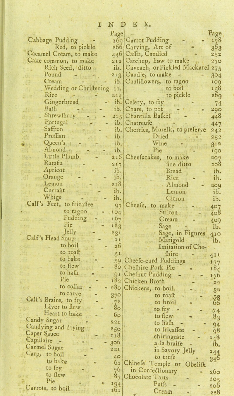 Cabbage Pudding Red, to pickle Cacamel Cream, to make Cake common, to make Rich Seed, ditto Pound Cream Wedding or Chriftening Rice Gingerbread Rath - ' . Shrewfbury - , - Portugal - Saffron Pruflian , Qpeen’s . Almond . Little Plumb Ratafia Apricot Orange Lemon Currant Whigs Calf’s Feet, to fricaffec to ragoo . Pudding Jelly Calf’s Head Soup to boil to road to bake to dew to hafh Pie to collar - to carve Calf’s Brains, to fry Liver to flew Heart to bake Candy Sugar r Candying and drying Caper Sauce Capillaire - Carmel Sugar Carp, to boil to bake to fry to flew ' Pie - * Carrots, to boil Page 169 266 446 212 ib. 213 ib. ib. 214 ib. ib. 215 ib. ib. ib. ib. ib. 2 r 6 217 ib. ib. 218 ib. ib. 97 104 167 183 231 1 i 26 51 59 i Carrot Pudding Carving, Art of Caflia, Candied Catchup, how to make Page 178 363 252 270 Caveach, or Pickled Mackarel 275 Caudle, to make - Cauliflowers, to ragoo to boil to pickle Celery, to fry Chars, to pot - 1 Chantilla Balket Chatreufe Cherries, Morells, to pteferve Dried Wine Pie 80 9i 182 280 37° 72 80 60 2 21 250 u8 306 221 40 62 76 87 194 161 Cheefecakes, to make fine ditto Bread Rice . Almond Lemon Citron Cheefe, to make Stilton Cream Sage _ - _ Sage, in Figures Marigold Imitation of Che- (hire Cheefe-eurd Puddings Chefhire Pork Pie Chefnut Pudding - Chicken Broth Chickens, to boil to roaft - to broil to fry - to flew to ha(h - to fricaffee chiringrate a-la-braife - in Savory Telly to trufs Chinefe Temple or Obelilk in Confeflionary Chocolate Tarts Puffs - Creatn 3°4 109 258 269 74 290 448 447 242 252 312 19° 207 208 ib. ib. 209 ib. ib. 407 408 409 ib. 410 ib. 411 177 184 176 22 32 53 66 74 83 94 98 148 ib. 144 346 a6o 205 206 228