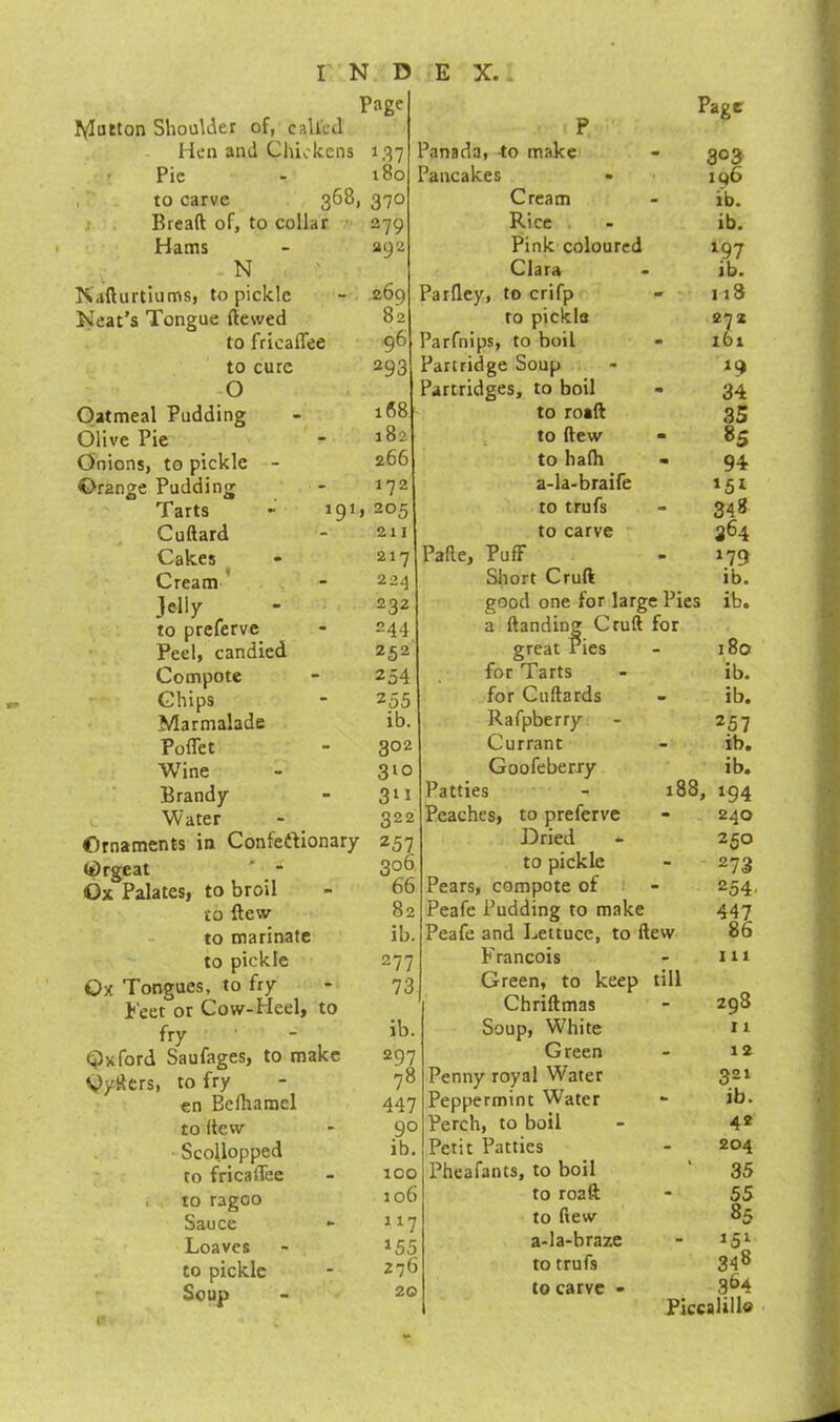 Page Page fylutton Shoulder of, called P Hen and Chickens 137 Panada, -to make - 30$ Pic 180 Pancakes 196 to carve 368* 370 Cream - ib. Bread of, to collar 279 Rice ib. Hams 292 Pink coloured *97 N Clara ib. Nafturtiums, to pickle - 269 Parfley, to crifp - 118 Neat’s Tongue dewed 82 to pickle 272 to fricalTee 96 Parfnips, to boil m 161 to cure 293 Partridge Soup O Partridges, to boil m 34 Oatmeal Pudding 168 to road 35 Olive Pie - 182 to dew - 85 Onions, to pickle - 266 to hafh m 94 Orange Pudding - 172 a-la-braife *5* Tarts 191, 205 to trufs - 348 Cudard - 211 to carve 364 Cakes 217 Pade, Puff - *79 Cream - 224 Short Cruft ib. Jelly 232 good one for larg e Pies ib. to preferve - 244 a (landing Cruft for Peel, candied 252 great Pies - 180 Compote 254 for Tarts ib. Chips - z 55 for Cuftards - ib. Marmalade ib. Rafpberry 2 51 Poflet - 302 Currant - ib. Wine 310 Goofeberry ib. Brandy - 3l* Patties 188, 194 Water 322 Peaches, to preferve - 240 Ornaments in Confeftionary 257 Dried 250 <t)rgeat ' * 306 to pickle - 273 Ox Palates, to broil - 66 Pears, compote of - 254 to dew 82 Peafe Pudding to make 447 to marinate ib. Peafe and Lettuce, to ftew 86 to pickle 277 Francois - 111 Qx Tongues, to fry - 73 Green, to keep till Feet or Cow-Heel, to fry Qxford Saufages, to make Vytfers, to fry en Belhamel to ftew Scollopped to fricaftee to ragoo Sauce Loaves to pickle Soup ib. 297 78 447 9° ib. too 106 117 *55 276 20 Soup, White Green Penny royal Water Peppermint Water Perch, to boil Petit Patties Pheafants, to boil to road to flew a-la-braze to trufs to carve - 298 11 12 321 - ib. 42 204 1 35 55 85 - 151 348 364 Piccalill®