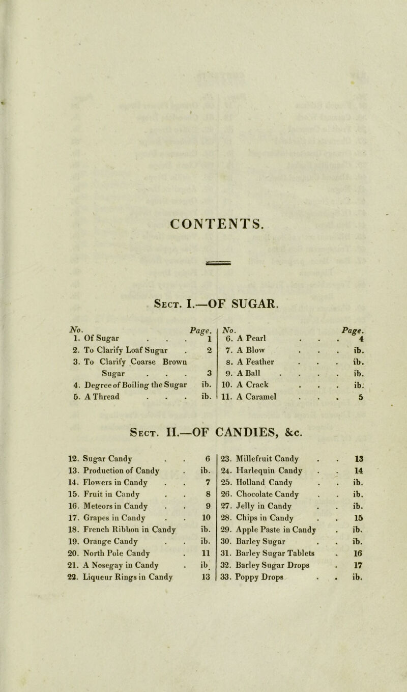 » CONTENTS. Sect. I.—OF SUGAR. No 1. Of Sugar Page. 1 No. 6. A Pearl Page. 4 2. To Clarify Loaf Sugar 2 7. A Blow . ib. 3. To Clarify Coarse Brown 8. A Feather ib. Sugar 3 9. A Ball . ib. 4. Degree of Boiling the Sugar ib. 10. A Crack ib. 5. A Thread ib. 11. A Caramel 5 Sect. II.— -OF CANDIES, &c. 12. Sugar Candy 6 23. Millefruit Candy 13 13. Production of Candy ib. 24. Harlequin Candy 14 14. Flowers in Candy 7 25. Holland Candy . ib. 15. Fruit in Candy 8 26. Chocolate Candy ib. 16. Meteors in Candy 9 27. Jelly in Candy . ib. 17. Grapes in Candy 10 28. Chips in Candy 15 18. French Ribbon in Candy ib. 29. Apple Paste in Candy ib. 19. Orange Candy ib. 30. Barley Sugar , ib. 20. North Pole Candy 11 31. Barley Sugar Tablets 16 21. A Nosegay in Candy ib. 32. Barley Sugar Drops 17