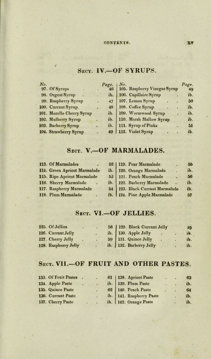 Sect. IV.—OF SYRUPS. No. Page. 97. Of Syrups 46 98. Orgeat Syrup ib. 99. Raspberry Syrup 47 100. Currant Syrup 48 101. Morello Cherry Syrup ib. 102. Mulberry Syrup ib. 103. Barberry Syrup . ib. 104. Strawberry Syrup 49 No. Page. 105. Raspberry Vinegar Syrup 49 106. Capillaire Syrup ib. 107. Lemon Syrup 50 108. Coft'ee Syrup ib. 109. Wormwood Syrup ib. 110. Marsh Mallow SyrUp ib. 111. Syrup of Pinks 51 112. Violet Syrup ib. Sect. V.—OF MARMALADES. 113. Of Marmalades 52 114. Green Apricot Marmalade ib. 115. Ripe Apricot Marmalade 53 116. Sherry Marmalade ib. 117. Raspberry Marmalade 54 118. Plum Marmalade ib. 119. Pear Marmalade . 55 120. Orange Marmalade . ib. 121. Peach Marmalade . 56 122. Barberry Marmalade . ib. 123. Black Currant Marmalade ib. 124. Pine Apple Marmalade 57 Sect. VI.—OF JELLIES. 125. Of Jellies 58 129. Black Currant Jelly 59 126. Currant Jelly ib. 130. Apple Jelly ib. 127. Cherry Jelly 59 131. Quince Jelly ib. /128. Raspberry Jelly . ib. 132. Barberry Jelly ib. Sect. VII.—OF FRUIT AND OTHER PASTES. 133. Of Fruit Pastes . . 61 134. Apple Paste . . ib. 135. Quince Paste . 62 136. Currant Paste ib. 137. Cherry Paste . ib. 138. Apricot Paste . . 63 139. Plum Paste . ib. 140. Peach Paste . 64 141. Raspberry Paste . ib. 142. Orange Paste ib.