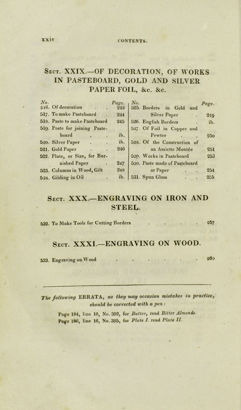 Sect. XXIX.—OF DECORATION, OF WORKS IN PASTEBOARD, GOLD AND SILVER PAPER FOIL, &c. &c. No. Page. 516. Of decoration . , 243 517. To make Pasteboard . 244 51s. Paste to make Pasteboard 245 519. Paste for joining Paste- board . . ib. 520. Silver Paper . . ib. 521. Gold Paper • . 246 522. Plate, or Size, for Bur- nished Paper . 247 523. Columns in Wood, Gilt 248 524. Gilding in Oil . ib. No. Poge. 525. Borders in Gold and Silver Paper . 249 526. English Borders . ib. 527. Of Foil in Copper and Pewter . . 25o 528. Of the Construction of an Assiette Montee 251 520. Works in Pasteboard 253 530. Paste made of Pasteboard or Paper . . 254 531. Spun Glass . . 255 Sect. XXX.—ENGRAVING ON IRON AND STEEL. 532. To Make Tools for Cutting Borders .... 257 Sect. XXXI —ENGRAVING ON WOOD. 533. Engraving on Wood 200 The following ERRATA, as they may occasion mistakes in practice^ should be corrected with a pen : Page 184, line 10, No. 392, for Butter, read Bitter Almonds. Page 186, line 16, No. 395, for Plate I. read Plate II.