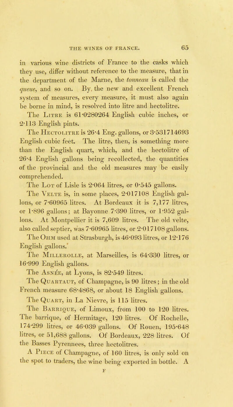 in various wine districts of France to the casks which they use, differ without reference to the measure, that in the department of the Marne, the tonneau is called the queue, and so on. By. the new and excellent French system of measures, every measure, it must also again be borne in mind, is resolved into litre and hectolitre. The Litre is 61'0280264 English cubic inches, or 2'113 English pints. The Hectolitre is 26'4 Eng. gallons, or 3'531714693 English cubic feet. The litre, then, is something more than the English quart, which, and the hectolitre of 26'4 English gallons being recollected, the quantities of the proHncial and the old measures may be easily comprehended. The Lot of Lisle is 2'064 litres, or 0*545 gallons. The Velte is, in some plaees, 2'017108 English gal- lons, or 7'60965 litres. At Bordeaux it is 7,177 litres, or 1*896 gallons; at Bayonne 7*390 litres, or 1*952 gal- lons. At Montpellier it is 7,609 litres. The old velte, also called septier, was 7*60965 litres, or 2*017108 gallons. The Ohm used at Strasburgh, is 46*093 litres, or 12*176 English gallons.* The Millerolle, at Marseilles, is 64*330 litres, or 16*990 English gallons. The Asnj^e, at Lyons, is 82*549 litres. The Quartaut, of Champagne, is 90 litres; in the old French measure 68*4868, or about 18 English gallons. The Quart, in La Nievre, is 115 litres. The Barrique, of Limoux, from 100 to 120 litres. The barrique, of Hermitage, 120 litres. Of Rochelle, 174*299 litres, or 46*039 gallons. Of Rouen, 195*648 litres, or 51,688 gallons. Of Bordeaux, 228 litres. Of the Basses Pyrennees, three hectolitres. A Piece of Champagne, of 160 litres, is only sold on the spot to traders, the wine being exported in bottle. A F