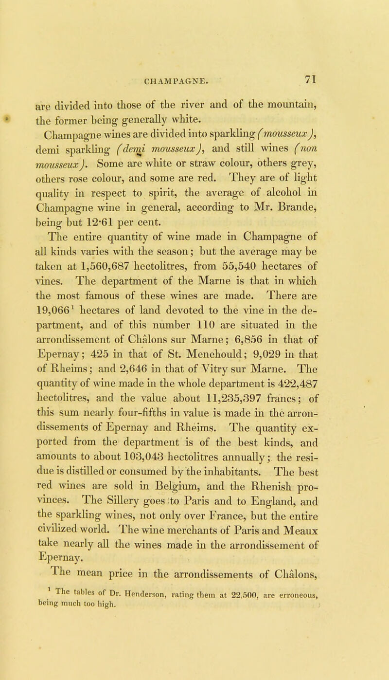 are divided into those of the river and of the mountain, the former being generally white. Champagne wines are divided into sparkling (mousseuxJ, demi sparkling f demi mousseux J, and still wines f non mousseux). Some are wliite or straw colour, others grey, others rose colour, and some are red. They are of light quality in respect to spirit, the average of alcohol in Champagne wine in general, according to Mr. Brande, being but 12’61 per cent. The entire quantity of wine made in Champagne of all kinds varies with the season; but the average may be taken at 1,560,687 hectolitres, from 55,540 hectares of ^ines. The department of the Marne is that in which the most famous of these wines are made. There are 19,066' hectares of land devoted to the vine in the de- partment, and of this number 110 are situated in the arrondissement of Chalons sur Marne; 6,856 in that of Epernay; 425 in that of St. Menehould; 9,029 in that of Rheims; and 2,646 in that of Vitry sur Marne. The quantity of wine made in the whole department is 422,487 hectolitres, and the value about 11,235,397 francs; of this smn nearly four-fifths in value is made in the arron- dissements of Epernay and Rheims. The quantity ex- ported from the department is of the best kinds, and amoimts to about 103,043 hectolitres annually; the resi- due is distilled or consumed by the inhabitants. The best red wines are sold in Belgium, and the Rhenish pro- vinces. The Sillery goes to Paris and to England, and the sparkling wines, not only over France, but the entire ci\dlized world. The wine merchants of Paris and Meaux take nearly all the wines made in the arrondissement of Epernay. The mean price in the arrondissements of Chalons, The tables of Dr. Henderson, rating them at 22..'i00, are erroneous, being much too high.