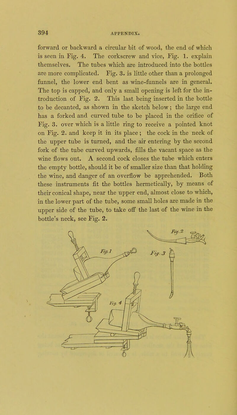forward or backward a circular bit of wood, the end of which is seen in Fig. 4. The corkscrew and vice, Fig. 1. explain themselves. The tubes wliich are introduced into the bottles are more complicated. Fig. 3. is little other than a prolonged funnel, the lower end bent as wine-funnels are in general. The top is capped, and only a small opening is left for the in- troduction of Fig. 2. This last being inserted in the bottle to be decanted, as shown in the sketch below; the large end has a forked and curved tube to be placed in the orifice of Fig. 3. over which is a little ring to receive a pointed knot on Fig. 2. and keep it in its place; the cock in the neck of the upper tube is turned, and the air entering by the second fork of the tube curved upwards, fills the vacant space as the wine flows out. A second cock closes the tnbe which enters the empty bottle, should it be of smaller size than that holding the wine, and danger of an overflow be apprehended. Both these instruments flt the bottles hermetically, by means of their conical shape, near the upper end, almost close to winch, in the lower part of the tube, some small holes are made in the upper side of the tube, to take oflF the last of the wine in the bottle’s neck, see Fig. 2.