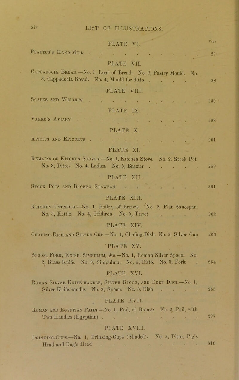 PLATE VI. Plautus’s Hand-Mill PLATE VII. Cappadocia Bread.—No. 1, Loaf of Bread. No. 2, Pastry Mould. No. 3, Cappadocia Bread. No. 4, Mould for ditto ...... ;i8 PLATE VIII. Scales and Weights PLATE IX. Vaiiro’s Aviary PLATE X. Apicius and Epicurus opi PLATE XI. Remains of Kitchen Stoves—No. 1, Kitchen Stove. No. 2. Stock Pot. No. 3, Ditto. No. 4, Ladles. No. 5, Brazier 255) PLATE XII. Stock Pots and Broken Stewpan 261 PLATE XIII. Kitchen Utensils—No. 1, Boiler, of Bronze. No. 2, Flat Saucepan. No. 3, Kettle. No. 4, Gridiron. No. 5, Trivet .... 262 PLATE XIV. Chafing-Dish and Silver Cup.—No. 1, Chafing-Dish. No. 2, Silver Cup 263 PLATE XV. Spoon, Fork, Knife, Simpulum, &c.—No. 1, Roman Silver Spoon. No. 2, Brass Knife. No. 3, Simpulum. No. 4, Ditto. No. 5, Fork . 264 % PLATE XVI. Roman Silver Knife-handle, Silver Spoon, and Deep Dish.—No. 1, Silver Knife-handle. No. 2, Spoon. No. 3, Dish .... 265 PLATE XVII. Roman and Egyptian Pails.—No. 1, Pail, of Bronze. No. 2, Pail, with Two Handles (Egyptian) PLATE XVIII. Drinking-Cups.—No. I, Drinking-Cups (Shaded). No. 2, Ditto, Pig’s Head and Dog’s Head 310