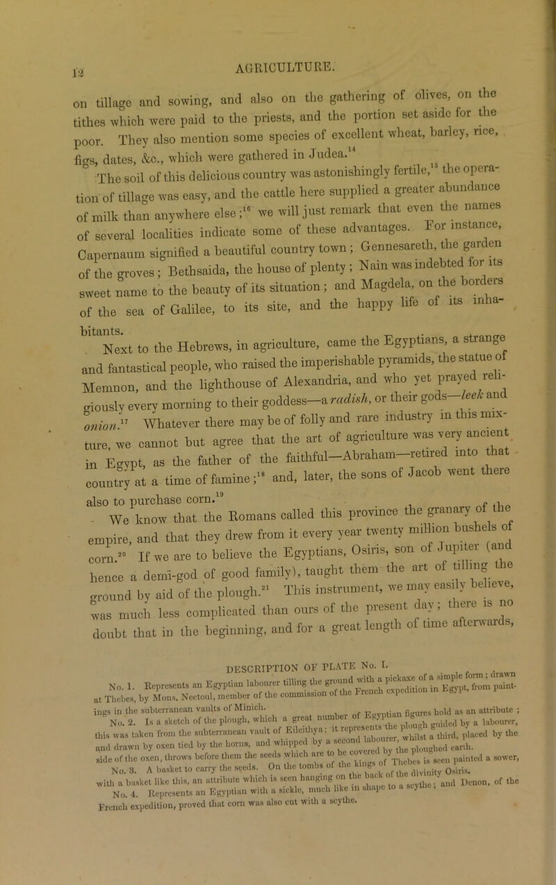 on tillage and sowing, and also on the gathering of olives, on the tithes which wero paid to the priests, and the portion set aside for t le poor. They also mention some species of excellent wheat, barley, rice, figs, dates, &c., which were gathered in Judea. The soil of this delicious country was astonishingly ieitile, t icopeia tion of tillage was easy, and the cattle here supplied a greater abundance of milk than anywhere else ;>* we will just remark that even the names of several localities indicate some of these advantages. For instance, Capernaum signified a beautiful country town ; Gennesareth, the garden of the groves; Bethsaida, the house of plenty ; Nain was indebted for its sweet name to the beauty of its situation; and Magdela. on the borders of the sea of Galilee, to its site, and the happy life of its inha- Next to the Hebrews, in agriculture, came the Egyptians, a strange and fantastical people, who raised the imperishable pyramids, the statue of Memnon, and the lighthouse of Alexandria, and who yet prayed re giouslv every morning to their goddess-aradish, or their gods leel an Whatever there may be of folly and rare industry in this mix- ture, we cannot but agree that the art of agriculture was very ancient in Egvpt, as die father of the faithful-Abraham-retired into hat country at a time of famine; and, later, the sons of Jacob went there also to purchase corn.19 We know that the Romans called this province tie granary^ empire, and that the, drew from it every vein twenty million bushels^ corn 20 If we are to believe the Egyptians, Osms, son o • u\ hence a demi-god of good family), taught them the art of tilling t e ground by aid of the plough. This instrument, we may easily believe was much less complicated than ours of the present day; the, is no doubt that in the beginning, and for a great lengi 1 o time a tin DESCRIPTION OF PLATE No. I. No. 1. Represents un Egyptian labourer tilling the ground Hh a P«*“e Egypt, from piunt- at Thebes, by Mons. Neotoul, member of the commission of the French cspccl.t.on W ings in the subterranean vaults of Mimch. Eimitian figures hold as an attribute ; No. 2. Is a sketch of the plough, wh oh a great gIlided by a labourer, this was taken from the subterranean vault of Eilcithya, > whilst a third, placed by the and drawn by oxen tied by the horns and whipped ae««dlab^ ^ earlh. side of the oxen, throws before them the seeds which lllt nf Thebes geen painted a sower, No. 3. A basket to carry the seeds. On the tombs of with a basket like this, an attribute which is seen hanging on the l a 'and Denon, of the No. 4. Represents an Egyptian with a sickle, much like in shape to a scythe, French expedition, proved that corn was also cut with u scythe.