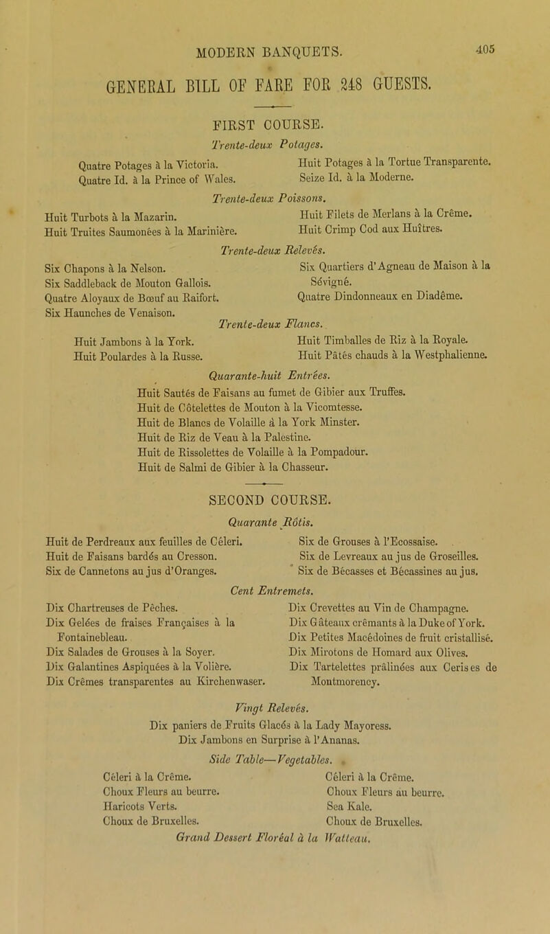 GENERAL BILL OE FARE FOR 248 GUESTS. 405 FIRST COURSE. Trente-deux Potages. Quatre Potages it la Victoria. Huit Potages a la Tortue Transparente. Quatre Id. a la Prince of Wales. Seize Id. a la Moderne. Trente-deux Poissons. Huit Turbots a la Mazarin. Huit Filets de Merlans a la Creme. Huit Truites Saumonees a la Mariniere. Huit Crimp Cod aux Iluitres. Trente-deux Releves. Six Chapons a la Nelson. Six Quartiers d’Agneau de Maison a la Six Saddleback de Mouton Gallois. Sdvigne. Quatre Aloyaux de Boeuf au Raifort. Quatre Dindonneaux en Diademe. Six Haunches de Venaison. Trente-deux Flancs. Huit Jambons a la York. Huit Timballes de Riz a la Royale. Huit Poulardes a la Russe. Huit Pates cbauds a la Westphalienne. Quarante-huit Entrees. Huit Sautes de Faisans au fumet de Gibier aux Truffes. Huit de Cotelettes de Mouton a la Vicomtesse. Huit de Blancs de Volaille a la York Minster. Huit de Riz de Veau a la Palestine. Huit de Rissolettes de Volaille a la Pompadour. Huit de Salmi de Gibier a la Chasseur. SECOND COURSE. Quarante Rotis. Huit de Perdreaux aux feuilles de Celeri. Six de Grouses a l’Ecossaise. Huit de Faisans bardds au Cresson. Six de Levreaux au jus de Groseilles. Six de Cannetons au jus d’Oranges. Six de Becasses et Becassines au jus. Cent Entremets. Dix Chartreuses de Peches. Dix Geldes de fraises Francaises a la Fontainebleau. Dix Salades de Grouses a la Soyer. Dix Galantines Aspiquees a la Voli&re. Dix Cremes transparentes au Kirehenwaser. Dix Crevettes au Vin de Champagne. Dix Gateaux cremants a la Duke of York. Dix Petites Macedoines de fruit cristallise. Dix Mirotons de Homard aux Olives. Dix Tartelettes pralindes aux Cerises de Montmorency. Vingt Releves. Dix paniers de Fruits Glacds il la Lady Mayoress. Dix Jambons en Surprise & 1’Ananas. Side Table—Vegetables. , Celeri it la Creme. Celeri il la Creme. Choux Fleurs au beurre. Choux Fleurs au beurre. Haricots Verts. Sea Kale. Choux de Bruxelles. Choux de Bruxelles. Grand Dessert Floreal d la Watteau.