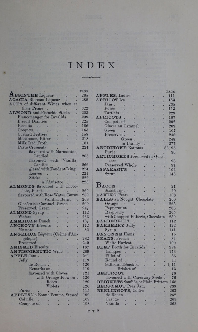 INDEX * • PAGE Absinthe Liqueur . . . 285 ACACIA Blossom Liqueur . . 288 AGES of different Wines when at their Prime . . . . ALMOND and Pistachio Sticks Blanc-manger for Invalids Biscuit Dainties Biscuits . . . . . Croquets . . . . . Custard Fritters Macaroons, Bitter Milk Iced Froth Paste Crescents flavoured with Maraschino, Candied flavoured with Vanilla, Candied glazed with Fondant Icing. Loaves . . . . Sticks . . . . a rAnisette . ALMONDS flavoured with Choco- late, Burnt .... flavoured with Rose. Water, Burnt Vanilla, Burnt Glacees au Caramel, Green Preserved, Green ALMOND Syrup . Wafers AMERICAN Punch ANCHOVY Biscuits Mustard . ANGELICA Liqueur (Creme d’An- gelique) Preserved ANISEED Biscuits ANTISCORBUTIC Wine APPLE Jam . Jelly de Rouen . . . . Remarks on . . . flavoured with Cloves with Orange Flowers . Roses. Violets Puree . . . . . APPLES ala Bonne Femme, Stewed Colville . . . . . Compote of ... . 322 223 299 225 186 165 158 218 181 224 266 266 274 221 222 223 269 269 268 209 247 142 233 187 172 82 282 249 167 289 241 119 120 119 121 120 120 120 115 199 109 198 PAGE APPLES, Ladies’ . . ’ . .Ill APRICOT Ice . . . .183 Jam ...... 235 Puree . . . . .113 Tartlets . . . . .229 APRICOTS 107 Compote of ... . 202 Glaces au Caramel . . . 209 Green . . . . . 107 Preserved ..... 246 Green .... 248 in Brandy . . . 277 ARTICHOKE Bottoms . 83, 98 Puree . . . . . 90 ARTICHOKES Preserved in Quar- ters . . . ' . .98 Preserved Whole . . .97 ASPARAGUS . . . .102 Syrup 143 Bacon 21 Strasburg ..... 20 BAKING Pears . . . .108 BALLS au Nougat, Chocolate . 260 Orange * . . . . 265 Peppermint .... 266 Raspberry . . . .265 with Chopped Filberts, Chocolate 259 BARBERRIES . . . .112 BARBERRY Jelly . . . 122 Syrup 141 BAYONNE Hams . . .15 BEANS, French .... 84 White Haricot . . . .100 BEEP Broth for Invalids . . 294 Canapes ..... 173 Fillet of . . . . .56 Round of . . . . .11 Salted and Smoked . . . 1, 11 Brisket of . . .13 BEETROOT .... 76 flavoured with Carraway.Seeds . 76 BEIGNETS Souffles, or Plain Fritters 158 BERGAMOT Pear Jam . . 239 BERLINGOTS, Cofiee . . 263 de Rouen 262 Orange ..... 263 Vanilla ..... 263 T T