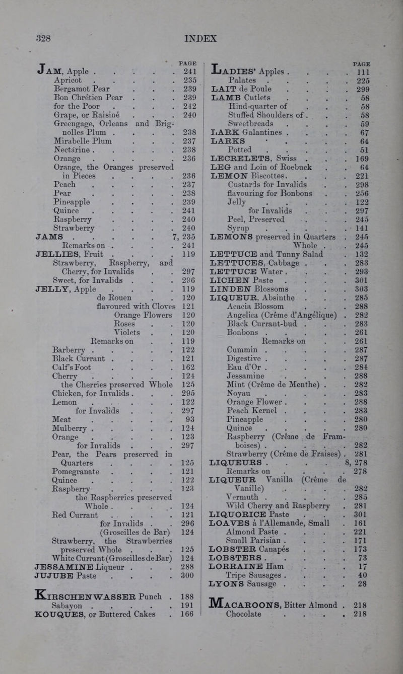 JAM, Apple . Apricot Bergamot Pear Bon Chretien Pear for the Poor Grape, or Eaisine Greengage, Orleans nolles Plum . and * PAGE ’ 1- . 241 JjADIES’ Apples . . 235 Palates . 239 LAIT de Poule . 239 : LAMB Cutlets . 242 I Hind-quarter of . 240 i Stuffed Shoulders of Brig- Sweetbreads . 238 LARK Galantines . Mirabelle Plum 237 LARKS • . . . . 64 Nectarine .... 238 Potted ..... 51 Orange .... 236 LECRELETS, Swiss . 169 Orange, the Oranges preserved LEG and Loin of Roebuck 64 in Pieces 236 LEMON Biscottes. 221 Peach .... 237 Custards for Invalids 298 Pear .... 238 flavouring for Bonbons 256 Pineapple . 239 Jelly ..... 122 Quince .... 241 for Invalids 297 Baspberry 240 Peel, Preserved 245 Strawberry • 240 Syrup . . _ . 141 JAMS 7, 235 LEMONS preserved in Quarters . 245 Remarks on . 241 Whole . 245 JELLIES, Fruit . 119 LETTUCE and Tunny Salad 132 Strawberry, Raspberr}% and LETTUCES, Cabbage . 283 Cherry, for Invalids 297 LETTUCE Water .... 293 Sweet, for Invalids . • 296 LICHEN Paste .... 301 JELLY, Apple * 119 LINDEN Blossoms 303 de Rouen 120 LIQUEUR, Absinthe 285 flavoured with Cloves 121 Acacia Blossom 288 Orange Flowers 120 Angelica (Creme d’Angelique) . 282 Roses 120 Black Currant-bud . 283 Violets 120 Bonbons ..... 261 Remarks on 119 Remarks on 261 Barberry .... • 122 Cummin ..... 287 Black Currant . 121 Digestive ..... 287 Calf’s Foot 162 Eau d’Or ..... 284 Cherry .... * 124 Jessamine .... 288 the Cherries preserved Whole 125 Mint (Creme de Menthe) . 282 Chicken, for Invalids . 295 Noyau ..... 283 Lemon . . . 122 Orange Flower .... 288 for Invalids 297 Peach Kernel .... 283 Meat .... • 93 Pineapple .... 280 Mulberry .... • 124 Quince ..... 280 Orange .... • 123 Raspberry (Creme de Fram- for Invalids , 297 boises) ..... 282 Pear, the Pears preserved in Strawberry (Creme de Fraises) . 281 Quarters 125 LIQUEURS .... 8, 278 Pomegranate 121 : Remarks on . 278 Quince .... 122 LIQUEUR Vanilla (Creme de Raspberry . 123 Vanille) 282 the Raspberries preserved Verniuth ..... 285 Whole . • 124 Wild Cherry and Raspberry 281 Red Currant . . 121 LIQUORICE Paste 301 for Invalids . • 296 LOAVES a I’Allemande, Small 161 (Groseilles de Bar) 124 Strawberry, the Strawberries preserved Whole . . .125 White Currant (Groseilles deBar) 124 JESSAMINE Liqueur . . . 288 JUJUBE Paste . . . .300 KiRSCHENWASSER Punch . 188 Sabayon . . . . .191 KOUQUES, or Buttered Cakes . 166 Almond Paste . . . .221 Small Parisian . . . .171 LOBSTER Canapes . . .173 LOBSTERS 73 LORRAINE Ham . . .17 Tripe Sausages .... 40 LYONS Sausage .... 28 Macaroons, Bitter Almond . 218 Chocolate . . . ,218 PAGE 111 225 299 58 58 58 59 67