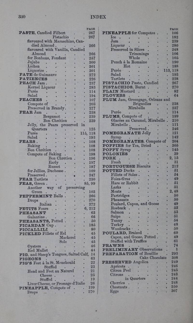 PAGE PAGE PASTE, Candied Filbert , 267 PINEAPPLE for Compotes . 106 Pistachio 267 Ice 182 flavoured with Maraschino, Can- Jam .... 239 died Almond . 266 Liqueur .... 280 flavoured with Vanilla, Candied Preserved in Slices . 248 Almond 266 Trimmings 106 for Bonbons, Fondant 257 Whole 105 Jujube . , . . 300 Punch a la Bomaine 190 Lichen . . 301 Hot 188 Liquorice .... 301 Puree* . . . . 113,118 PATE de Guimauve • 272 Salad .... 193 PATIENCES • 226 Tartlets .... 228 PEACH Jam . 237 PISTACHIO Paste, Candied 267 Kernel Liqueur 283 PISTACHIOS, Burnt . 270 Puree .... 114 PLAIN Mustard . 82 Salad .... 194 PLOVERS .... 64 PEACHES .... • 107 PLUM Jam, Greengage, Orleans a d Compote of . . . 203 Brignolles 238 Preserved in Brandy. * 277 Mirabelle 237 PEAH Jam .... • 238 Puree .... 114 • Bergamot . , 239 PLUMS, Compote of . 199 ‘ Bon Chretien 239 Glacees au Caramel, Mirabelle 210 Jelly, the Pears preserved in Mirabelle . 111 Quarters . 125 Preserved . 246 Puree .... 115, 118 POMEGRANATE Jelly 121 Salad .... 193 Syrup .... 142 PEAKS. . . • . 108 POMEGRANATES, Compote of 204 Baking .... 108 POPPIES for Tea, Dried . 305 • Bon Chretien . 108 POPPY Syrup 145 Compote of Baking . • 198 POLONIES 39 Bon Chretien . • 196 PORK 2, 15 Early • 197 Fresh .... 31 Eusset 197 PORTUGUESE Biscuits 212 for Jellies, Duchesse . 109 POTTED Ducks . 51 Preserved...» 247 Fillets of Soles . 54 PEAR Tartlets 230 Foies-Gras 49 PEAS, Green .... 85, 99 Hare or Babbit 51 Another way of preserving Larks .... 51 Green .... 103 Meats .... 2, 48 PEPPERMINT Balls . 266 Partridges 50 Drops .... 270 Pheasants 50 Italian . 272 Poulard, Capon, and Goose 49 PETITS Fours . . 6, 212 Boebuck .... 52 PHEASANT 63 Salmon . . ’ . 53 Galantine .... 66 Snipe .... 51 PHEASANTS, Potted . 50 Tunny .... 54 PICARDAN Cup . 185 Turkey .... 48 PICCALIilLI 80 Woodcocks • . 50 PICKLED FiUets of Eel 45 POULARD, Braized 60 Mackerel 45 Capon, and Goose, Potted . 49 Sole 45 Stuffed with Truffles 61 Oysters .... 46 PRAWNS .... 74 Bed Mullet 44 PRELIMINARY Observations 1 PIG, and Sheen’s Tongues, Salted Calf, 14 PREPARATION of Bouillie 293 PIGEONS .... 63 Cake Chocolate 308 PIG’S Feet a la St. Menehould 22 PRESERVED Angelica 249 Stuffed 23 Apricots .... 246 Head and Feet au Naturel 21 Citron Peel 245 Cheese . 25 Citrons .... 243 Stuffed . 19 in Quarters 244 Liver Cheese, or Fromage d’ltalie 26 Cherries .... 248 PINEAPPLE, Compote of . 199 Chestnuts .... 250 Drops .... 270 Eggs . . 307