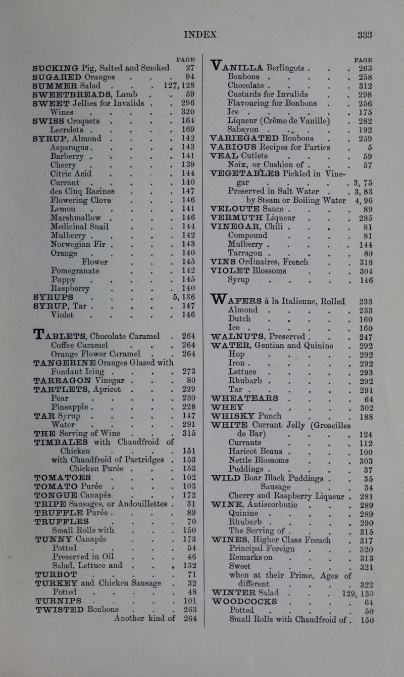 Chicken Puree . . .153 TOMATOES . . . .102 TOMATO Pur^e .... 103 TONGUE Canapes . . .172 TRIPE Sausages, or Andouillettes . 31 TRUFFLE Pur6e .... 89 TRUFFLES .... 70 Small Rolls with . . .150 TUNNY Canapes . . .173 Potted ..... 54 Preserved in Oil ... 46 Salad, Lettuce and . . ,132 TURBOT 71 TURKEY and Chicken Sausage . 32 Potted ..... 48 TURNIPS 101 TWISTED Bonbons . . .263 Another kind of 264 PACK SDCKING Pig, Salted and Smoked 27 Vanilla Beriingots. PAGE 263 SUGARED Oranges • 94 Bonbons ..... 258 SUMMER Salad . 127,128 Chocolate ..... 312 SWEETBREADS, Lamb 59 Custards for Invalids 298 SWEET Jellies for Invalids . • 296 Flavouring for Bonbons 256 Wines .... • 320 Ice 175 SWISS Croquets . . 164 Liqueur (Creme de Vanille) 282 Lecrelets .... • 169 Sabayon . ... 192 SYRUP, Almond . • 142 VARIEGATED Bonbons 259 Asparagus.... • 143 VARIOUS Recipes for Parties 5 Barberry .... • 141 VEAL Cutlets .... 59 Cherry .... • 139 Noix, or Cushion of . 57 Citric Acid • 144 vegetables Pickled in Vine- Currant .... • 140 gar .... . 3, 75 des Cinq Racines • 147 Preserved in Salt Water . 3, 83 Flowering Clove • 146 by Steam or Boiling Water 4, 96 Lemon .... • 141 VELOUTE Sauce .... 89 Marshmallow . • 146 VERMUTH Liqueur 285 Medicinal Snail 144 VINEGAR, Chili .... 81 Mulberry .... 142 Compound .... 81 Norwegian Fir . 143 Mulberry ..... 144 Orange .... 140 Tarragon ..... 89 Flower 145 VINS Ordinaires, French 318 Pomegranate • 142 VIOLET Blossoms 304 Poppy .... • 145 Syrup 146 Raspberry 140 SYRUPS .... SYRUP, Tar . Violet .... 5, 136 147 146 Wafers a la Italienne, Rolled Almond ..... Dutch 233 233 160 Tablets, Chocolate Caramel Ice 160 264 WALNUTS, Preserved . 247 Coffee Caramel 264 WATER, Gentian and Quinine 292 Orange Flower Caramel 264 Hop 292 TANGERINE Oranges Glazed with Iron 292 Fondant Icing . • 273 Lettuce 293 TARRAGON Vinegar . • 80 Rhubarb 292 TARTLETS, Apricot . • 229 Tar 291 Pear .... • 230 WHEATEARS . . . . 64 Pineapple .... • 228 WHEY 302 TAR Syrup .... • 147 WHISKY Punch ' . . . 188 Water .... 291 WHITE Currant Jelly (Groseilles THE Serving of Wine • 315 de Bar) .... 124 TIMBALES with Chaudfroid of Currants .... 112 Chicken 151 Haricot Beans .... 100 with Chaudfroid of Partridges • 153 Nettle Blossoms 303 Puddings 37 WILD Boar Black Puddings . . 35 Sausage . . .34 Cherry and Raspberry Liqueur . 281 WINE, Antiscorbutic . . . 289 Quinine 289 Rhubarb 290 The Serving of . . . .315 WINES, Higher Class French . 317 Principal Foreign . . . 320 Remarks on . . , .313 Sweet 321 when at their Prime, Ages of different .... 322 WINTER Salad . . . 129,130 WOODCOCKS .... 64 Potted 50 Small Rolls with Chaudfroid of . 150