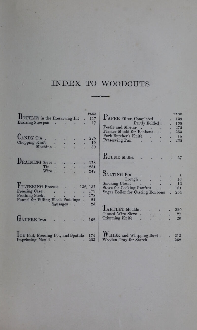 INDEX TO WOODCUTS »o« — o Bottles in the Preserving Pit PAGE 117 Braizing Stewpan .... 17 Candy Tin 225 Chopping Knife .... 19 Machine .... 30 DkAINING Sieve .... 178 Tin . 251 Wire . . ’ . 219 Filtering Process . . i36, 137 Freezing Case ..... 179 Frothing Stick..... 178 Funnel for Filling Black Puddings . 24 Sausages 25 GtAUFRE Iron .... 162 Ice Pail, Freezing Pot, and Spatula 174 Imprinting Mould .... 253 Paper Filter, Completed PAGE . 139 Partly Folded . . 138 Pestle and Mortar . . . . 275 Plaster Moiild for Bonbons • . 253 Pork Butcher’s Knife . 15 Preserving Pan . 235 Pound Maiiet . . 37 Salting Bin . . . 1 Trough . 16 Smoking Closet . 12 Stove for Cooking Gaufres . 161 Sugar Boiler for Casting Bonbons . 254 Tartlet Moulds. . 229 Tinned Wire Sieve . . 27 Trimming Knife . 20 WHISK and Whipping Bowl. . 213 Wooden Tray for Starch . . 252