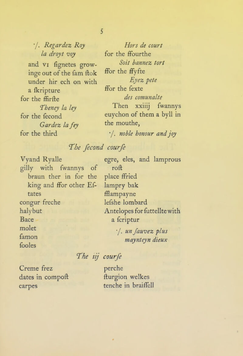 */. Regardez Roy la droyt voy and vi fignetes grow- inge out of the fam ftok under hir ech on with a fkripture for the ffirfte Theney la ley for the fecond Gardez la fey for the third Hors de court for the ffourthe Soit bannez tort ffor the ffyfte Eyez pete ffor the fexte des comunalte Then xxiiij fwannys euychon of them a byll in the mouthe, */. noble honour and joy The fecond courfe Vyand Ryalle gilly with fwannys of braun ther in for the king and ffor other Ef- tates congur freche halybut Bace molet famon fooles egre, des, and lamprous roft place ffried lampry bak fflampayne lefshe lombard Antelopes for futtellte with a fcriptur •/. un Jauvez plus maynteyn dieux Creme frez dates in compoft carpes The tij courfe perche fturgion welkes tenche in braiffell