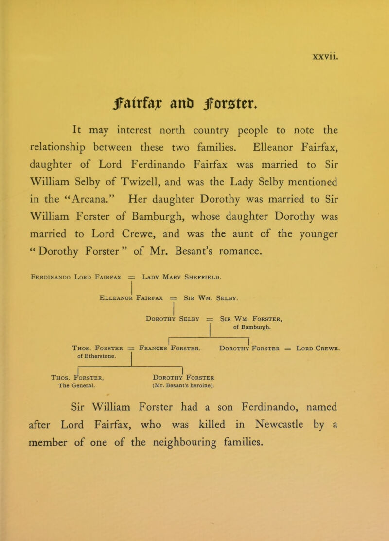 jfatrfar ant) jforster. It may interest north country people to note the relationship between these two families. Elleanor Fairfax, daughter of Lord Ferdinando Fairfax was married to Sir William Selby of Twizell, and was the Lady Selby mentioned in the “Arcana.” Her daughter Dorothy was married to Sir William Forster of Bamburgh, whose daughter Dorothy was married to Lord Crewe, and was the aunt of the younger “Dorothy Forster” of Mr. Besant’s romance. Ferdinando Lord Fairfax = Lady Mary Sheffield. Elleanor Fairfax = Sir Wm. Selby. Dorothy Selby = Sir Wm. Forster, of Bamburgh. Thos. Forster = Frances ^Forster. Dorothy Forster = Lord Crewe. of Etherstone. Thos. Forster, Dorothy Forster The General. (Mr. Besant’s heroine). Sir William Forster had a son Ferdinando, named after Lord Fairfax, who was killed in Newcastle by a member of one of the neighbouring families.