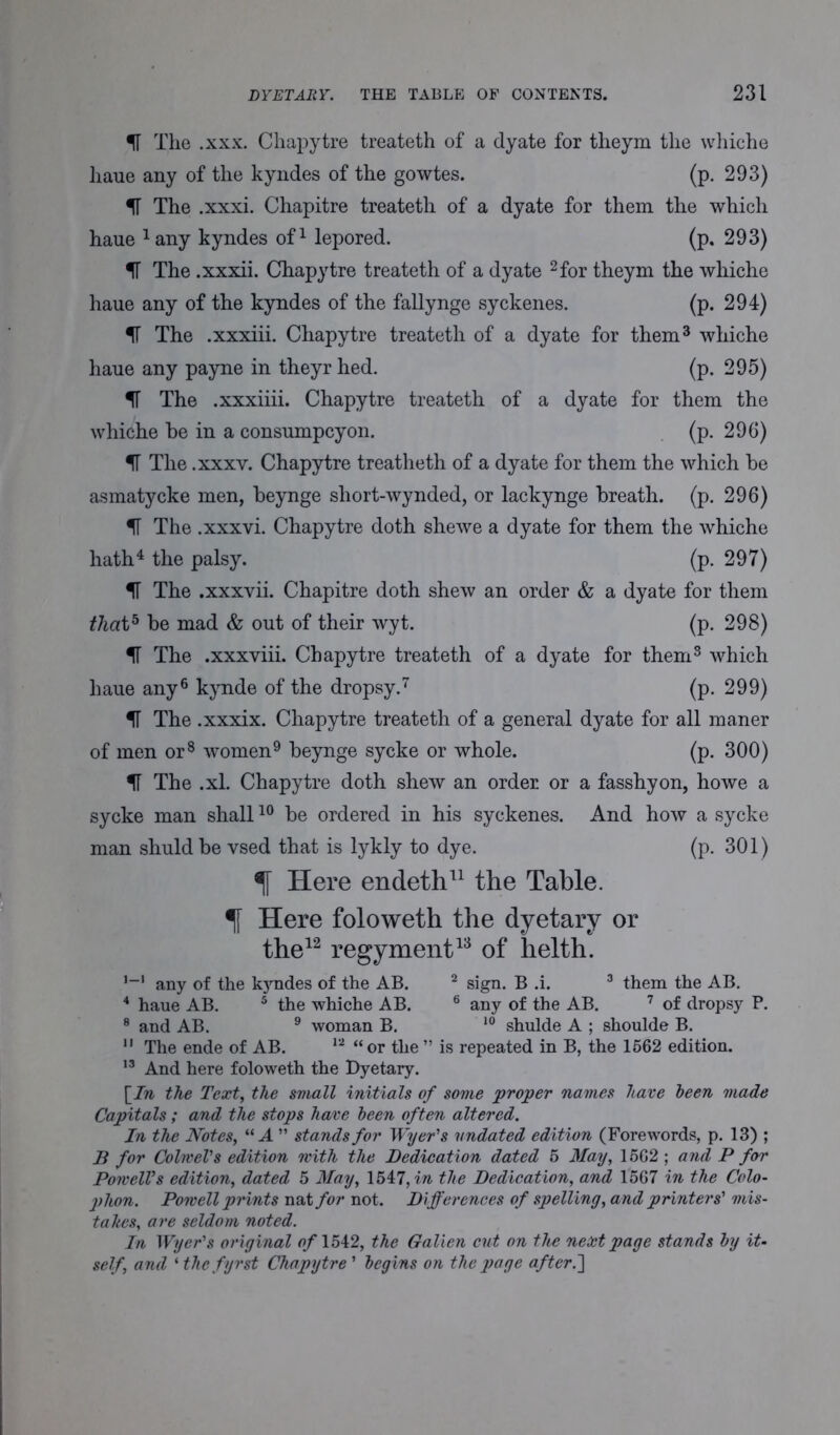 IT The .xxx. Chapytre treateth of a dyate for theym tlie whiche haue any of the kyndes of the gowtes. (p. 293) IT The .xxxi. Chapitre treateth of a dyate for them the which haue *any kyndes of1 lepored. (p. 293) IT The .xxxii. Chapytre treateth of a dyate 2 for theym the whiche haue any of the kyndes of the fallynge syckenes. (p. 294) IT The .xxxiii. Chapytre treateth of a dyate for them3 whiche haue any payne in theyr hed. (p. 295) IT The .xxxiiii. Chapytre treateth of a dyate for them the whiche he in a consumpcyon. (p. 296) IF The .xxxv. Chapytre treatheth of a dyate for them the which be asmatycke men, beynge short-wynded, or lackynge breath, (p. 296) IF The .xxxvi. Chapytre doth shewe a dyate for them the whiche hath4 the palsy. (p. 297) IF The .xxxvii. Chapitre doth shew an order & a dyate for them that5 be mad & out of their wyt. (p. 298) IF The .xxxviii. Chapytre treateth of a dyate for them3 which haue any6 kynde of the dropsy.7 (p. 299) IF The .xxxix. Chapytre treateth of a general dyate for all maner of men or8 women9 beynge sycke or whole. (p. 300) IF The .xl. Chapytre doth shew an order or a fasshyon, howe a sycke man shall10 be ordered in his syckenes. And how a sycke man shuldbe vsed that is lykly to dye. (p. 301) % Here endeth11 the Table. % Here foloweth the dyetary or the12 regyment13 of helth. ,_l any of the kyndes of the AB. 2 sign. B .i. 3 them the AB. 4 haue AB. 5 the whiche AB. 6 any of the AB. 7 of dropsy P. 8 and AB. 9 woman B. 10 shulde A ; shoulde B. 11 The ende of AB. 12 “or the ” is repeated in B, the 1562 edition. 13 And here foloweth the Dyetary. \In the Text, the small initials of some proper names have been made Capitals; and the stops have been often altered. In the Notes, “A  stands for Wyer's undated edition (Forewords, p. 13) ; B for ColrveVs edition with the Dedication dated 5 May, 1562 ; and P for PowelVs edition, dated 5 May, 1547, in the Dedication, and 1567 in the Colo- phon. Powell prints nat for not. Differences of spelling, and printers' mis- takes, are seldom, noted. In Wyer's original a/1542, the Galien cut on the next page stands by it- self, and ‘ the fyrst Chapytre' begins on the page after.']