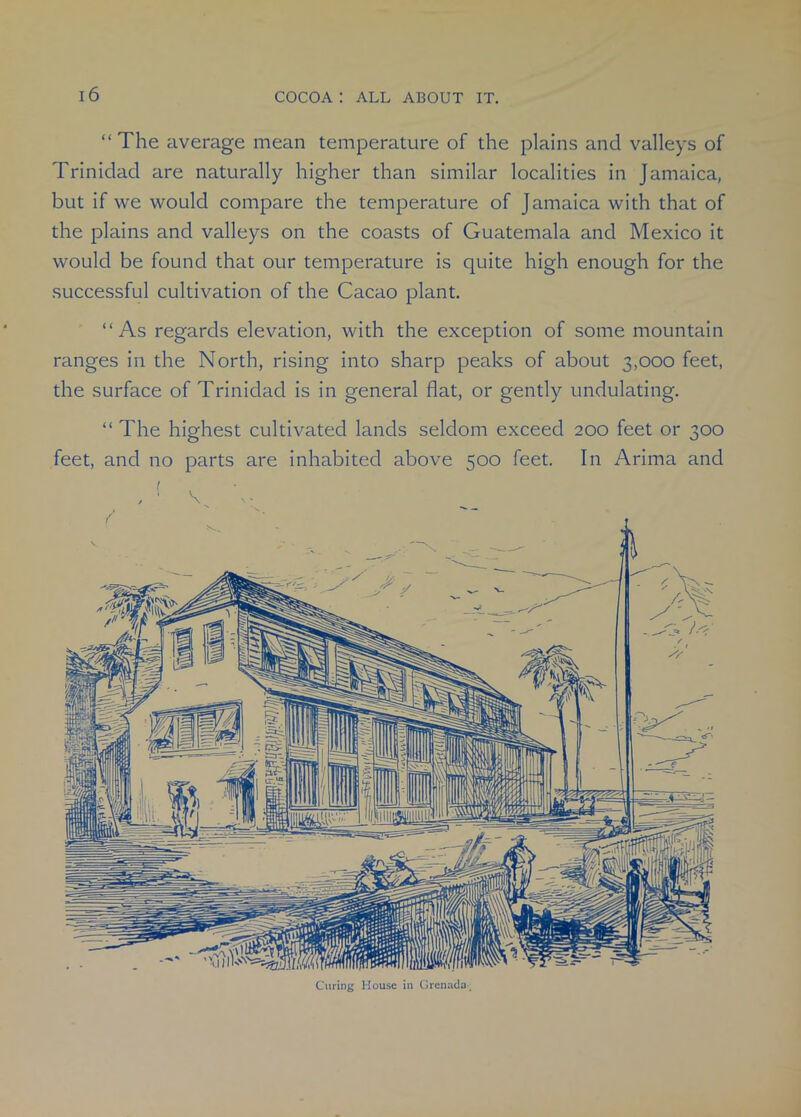 “The average mean temperature of the plains and valleys of Trinidad are naturally higher than similar localities in Jamaica, but if we would compare the temperature of Jamaica with that of the plains and valleys on the coasts of Guatemala and Mexico it would be found that our temperature is quite high enough for the successful cultivation of the Cacao plant. “As regards elevation, with the exception of some mountain ranges in the North, rising into sharp peaks of about 3,000 feet, the surface of Trinidad is in general flat, or gently undulating. “ The highest cultivated lands seldom exceed 200 feet or 300 feet, and no parts are inhabited above 500 feet. In Arima and 1 • \ Curing House in Grenada-.