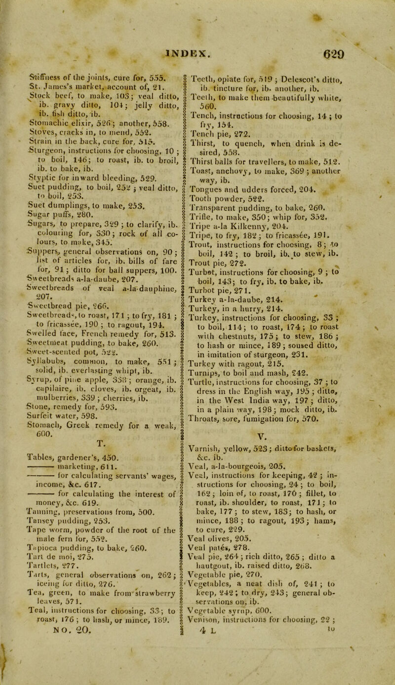 Stiffness of the joints, cure for, 555. St. James’s market, account of, 21. Stock beef, to make, 103; veal ditto, S ib. gravy ditto, 104; jelly ditto, | ib. fish ditto, ib. § Stomachic elixir, 526; another, 558. Stoves, cracks in, to mend, 552. § Strain in the back, cure for, 515. Sturgeon, instructions for choosing, 10 ; § to boil, 146; to roast, ib. to broil, | ib. to bake, ib. § , % . o Styptic for inward bleeding, 529. Suet pudding, to boil, 252 ; veal ditto, f to boil, 253. § o Suet dumplings, to make, 253. s Sugar puffs, 280. Sugars, to prepare, 329 ; to clarify, ib. colouring for, 330; rock of all co- lours, to make, 345. Suppers, general observations on, 90 ; list ot articles for, ib. bills of fare | Teeth, opiate for, 519 ; Delescot’s ditto, ih. tincture for, ib. another, ib. g Tceih, to make them beautifully while, | 560. | Tench, instructions for choosing, 14 ; to | fry, 154. | Tench pie, 272. Thirst, to quench, when drink is de- sired, 558. Thirst balls for travellers, to make, 512. | Toast, anchovy, to make, 369 ; another | f way, ib. § Tongues and udders forced, 204. | Tooth powder, 522. g Transparent pudding, to bake, 260. § Trifle, to make, 350; whip for, 352. | Tripe a-la Kilkenny, 204. § Tripe, to fry, 182; to fricassee, 191. g Trout, instructions for chocsing, 8; -to § boil, 142 ; to broil, ib.to stew, ib. § Trout pie, 272. g Turbot, instructions for choosing, 9 ; to boil, 143; to fry. ib. to bake, ib. lor, 91 ; ditto for ball suppers, 100 ■Sweetbreads a-la-daube, 207. Sweetbreads ot veal a-1 a* dauphin e, 2 Turbot pie, 271 207. g Turkey a-la-daube, 214. Sweetbread pie, 266. | Turkey, in a hurry, 214. Sweetbieads to roast, 171 ; to fry, 181 ; S Turkey, instructions for choosing, 33 ; to fricassee, 190 ; to ragout, 194 Swelled tace, French remedy for, 513. g Sweetmeat pudding, to bake, 260. | Sweet-scented pot, 522. | Syllabubs, common, to make, 551 ; ° solid, ib. everlasting wliipt, ib. § Syrup, of pine apple, 338 ; orange, ib. § capilaire, ib. cloves, ib. orgeat, ib. g mulberries, 339 ; cherries, ib. Slone, remedy for, 593. | Surfeit water, 598. Stomach, Greek remedy for a weak, g 600. T S Tables, gardener's, 450. g marketing, 611. § lor calculating servants’ wages, § income, &c. 617. g for calculating the interest of I money, &c. 619. . > 8 Tanning, preservations from, 500. Tansey pudding, 253. Tape worm, powder of the root of the § male fern for, 552. | Tapioca pudding, to bake, 260. Tart de moi, 275. | Tartlets, 277. I Tarts, general observations on, 262; iceing for ditto, 276. Tea, green, to make from strawberry leaves, 571. leal, instructions for choosing, 3.3; to roast, i76 ; to hash, or mince, 189. NO. 20. to boil, 114; to roast, 174; to roast with chestnuts, 175; to stew, 186; to hash or mince, 189; soused ditto, in imitation of sturgeon, 231. Turkey with ragout, 215. Turnips, to boil and mash, 242. Turtle, instructions for choosing, 37 ; to dress in the English way, 195 ; ditto, in the West India way, 197 ; ditto, in a plain way, 198; mock ditto, ib.. Throats, sore, fumigation for, 570. V. Varnish, yellow, 523; ditto for baskets, &c. ib. Veal, a-la-bourgeois, 205. Veal, instructions for keeping, 42 ; in- structions for choosing, 24 ; to boil, 162; loin of, to roast, 170 ; fillet, to roast, ib. shoulder, to roast, 171 ; to | bake, 177; to stew, 183; to hash, or mince, 188; to ragout, 193; haras, 8 to cure, 229. § Veal olives, 205. | Veal pates, 278. $ Veal pie, 264 ; rich ditto, 265 ; ditto a hautgout, ib. raised ditto, 268. 3 Vegetable pie, 270. |«Vegetables, a neat dish of, 241; to | keep, 242; to dry, 243; general ob- g servations on, ib. | Vegetable syrup, 600. 8 Venison, instructions for choosing, 22 ; I 4 L to