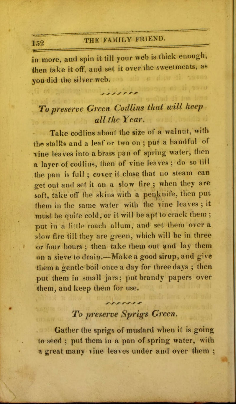 in more, and spin it till your web is thick enough, then take it off, and set it over die sweetmeats, as you did the silver web. To presevve Green Codlitis that will keep all the Year. Take codlins about the size of a walnut, with the stalks and a leaf or tw'o ou ; put .a handful of - vine leaves into a brass pan of spring water, then a layer of codlins, then of vine leaves ; do so till the pan is full ; cover it close that no steam can get out and set it on a slow fire ; when they are soft, take off the skins with a penknife, then put them in the same wafer with the vine leaves ; it must be quite cold, or it wilt be apt to crack them ; put in a little roach allum, and set them over a slow fire till they are green, which will be in three or four hours-; then take them out ;^nd lay them on a sieve to drain.—Make a good sirup, and give them a gentle boil once a day for three days ; then put them in small jars; put brandy papers over them, and keep them for use. To preserve Sprigs Green. Gather the sprigs of mustard when it is going to seed ; put them in a pan of spring water, with a great many vine leaves under and over them ;