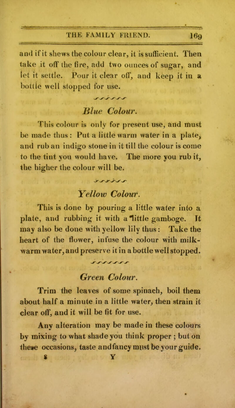 ami ifit shews the colour clear, it is sufficient. Then take it off the fire, add two ounces of sugar, and let it settle. Pour it clear off, and keep it in a bottle well stopped for use. nine Colour. This colour is only for present use, and must be made thus : Put a little warm water in a plate, and rub an indigo stone in it till tlie colour is come to the tint you would have. The more you rub it, the higher the colour will be. Yellow Colour. This is done by pouring a little water into a plate, and rubbing it with a little gamboge. It may also be done with yellow lily thus: Take the heart of the flower, infuse the colour with milk- warm water, and preserve it in a bottle well stopped. Green Colour. Trim the leaves of some spinach, boil them about half a minute in a little water, then strain it clear off, and it will be fit for use. Any alteration may be made in these colours by mixing to what shade you think proper ; but on tliese occasions, taste andfancy must be your guide. 8 Y