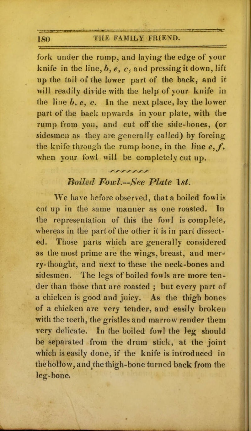 fork under the rump, and laying the edge of your knife in the line, 6, e, and pressing it down, lift up the tail of the lower part of the back, and it will readily divide with the help of your knife in the line e, c. In the next place, lay the lower part of the back upwards in your plate, with the rump from you, and cut off the side-bones, (or sidesmen as they are generally called) by forcing the knife through the rump bone, in the line e,y‘, when your fowl will be completely cut up. Hoiled Fowl.—See Plate We have before observed, that a boiled fowl is cut up in the same manner as one roasted. In the representation of this the fowl is complete, whereas in the part of the other it is in part dissect- ed. Those parts which are generally considered as the most prime are the wings, breast, and mer- ry-thought, and next to these the neck-bones and sidesmen. The legs of boiled fowls are more ten- der than those tliat are roasted ; but every part of a chicken is good and juicy. As the thigh bones of a chicken are very tender, and easily broken with the teeth, the gristles and marrow render them very delicate. In the boiled fowl the leg should be separated from the drum stick, at the joint which is easily done, if the knife is introduced in thehollow,and^thethigh-boneturned back from the leg-bone.