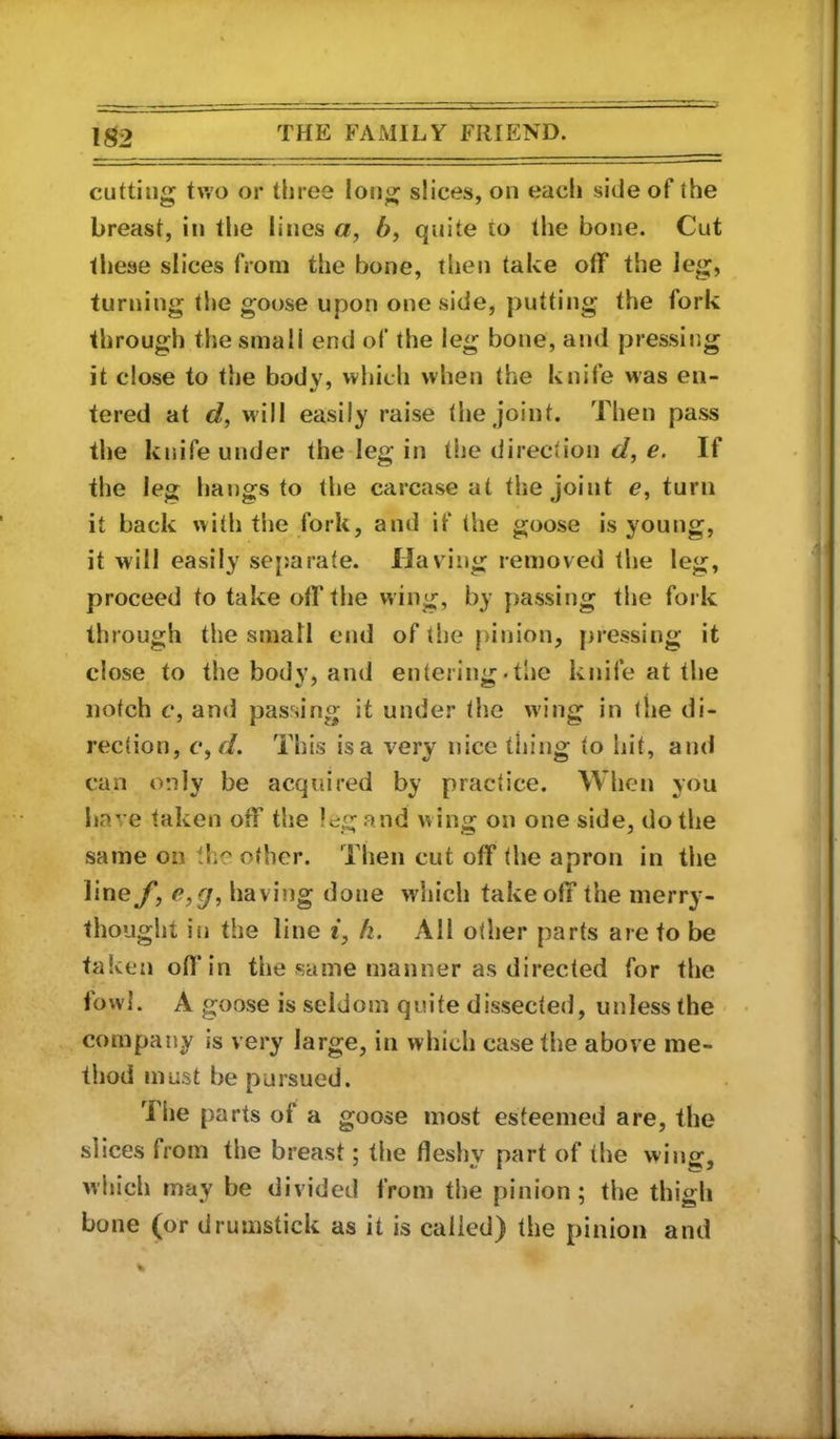 cutting tv.’o or tliree long slices, on each side of the breast, in the lines «, b, quite to the bone. Cut these slices from the bone, then take off the leg, turning the goose upon one side, putting the fork through the small end of the leg bone, and pressiiig it close to the body, which when the knife was en- tered at c?, will easily raise the joint. Then pass the knife under the leg in the direction d, e. If the leg hangs to the carcase at the joint <?, turn it back with the fork, and if the goose is young, it will easily separate. Having removed the leg, proceed to take off the wing, by passing the fork through the small end of the [)inion, pressing it close to the body, and entering-the knife at the notch c, and passing it under the wing in the di- rection, c^d. This isa very nice thing to hit, and can only be acquired by practice. When you have taken off the leg and wing on one side, do the same on Ihe other. Then cut off the apron in the line y*, e,g, having done which takeoff the merry- thought in the line k. All other parts are to be taken off in the same manner as directed for the fowl. A goose is seldom quite dissected, unless the ' company is very large, in which case the above me- thod must be pursued. The parts of a goose most esteemed are, the slices from the breast; the fleshy part of the wing, which may be divided from the pinion; the thigh bone (or drumstick as it is called) the pinion and %