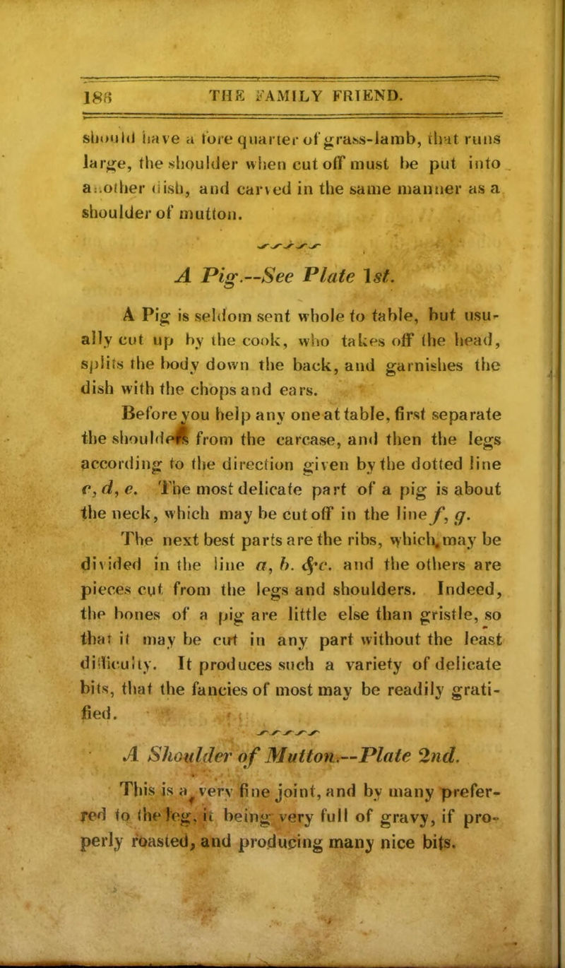 sli«>iil<l have a tore quarter of grahs-iamb, that runs la r^e, tl»e sliQuIder when cut oir must l>e put into, another tiish, and carved in the same manner as a shoulder of mutton. I A Pig.—See Plate A Pig is seldom sent whole to table, but usur ally cut up by the cook, who takes otF (he head, splits the body down the back, and garnishes the dish with the chops and ears. Before vou help any one at table, first separate the shoulde^ from the carcase, and then the legs according to tlje direction given by the dotted line c,d,e. The most delicate part of a pig is about the neck, which may be cutoff in the line f, g. The next best parts are the ribs, v^hicli,may be divided in the line a, h. and the others are pieces cut from the legs and shoulders. Indeed, the bones of a pig are little else than gristle, so that it may be cut in any part without the least didiculiy. It produces such a variety of delicate bits, that the fancies of most may be readily grati- fied . • f ^ A Shoulder of Mutton.—Plate 2nd. « • j ■ • This is a^ very fine joint, and by many prefer- red to (he leg, it beingijjvery full of gravy, if pro- perly roasted, and produping many nice bits.