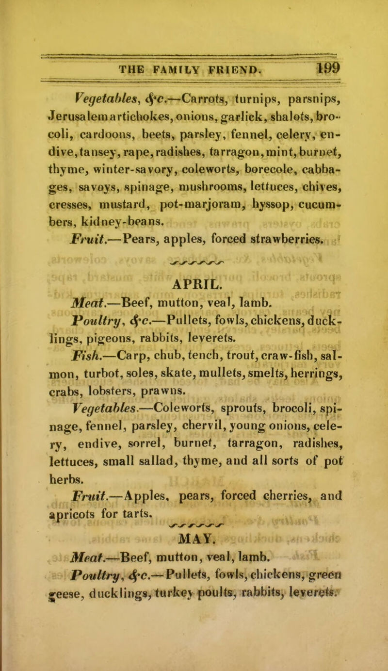 Vegetables^ —Carrots, turnips, parsnips, Jerusalemartichokes, onions, garlick, shalots, bro- coli, cardoons, beets, parsley, fennel, celery, en- dive, tansey, rape,radishes, tarragon,mint,burnet, thyme, winter-savory, coleworts, borecole, cabba- ges, savoys, spinage, mushrooms, lettuces, chives, cresses, mustard, pot-marjoram, hyssop, cucum- bers, kidney-beans. Fruit.—Pears, apples, forced strawberries. APRIL. Meat.—Beef, mutton, veal, lamb. Foultry^ —Pullets, fowls,chickens,duck- lings, pigeons, rabbits, leverets. Fish.—Carp, chub, tench, trout, craw-fish, sal- mon, turbot, soles, skate, mullets, smelts, herrings, crabs, lobsters, prawns. Vegetables.—Coleworts, sprouts, brocoli, spi- nage, fennel, parsley, chervil, young onions, cele- ry, endive, sorrel, burnet, tarragon, radishes, lettuces, small sallad, thyme, and all sorts of pot herbs. Fruit.—Apples, pears, forced cherries, and apricots for tarts. MAY. Meat.—Beef, mutton, veal, lamb. Poultry., 4^c.— Pullets, fowls,chickens, green geese, ducklings, turkey poults, rabbits, leverets.