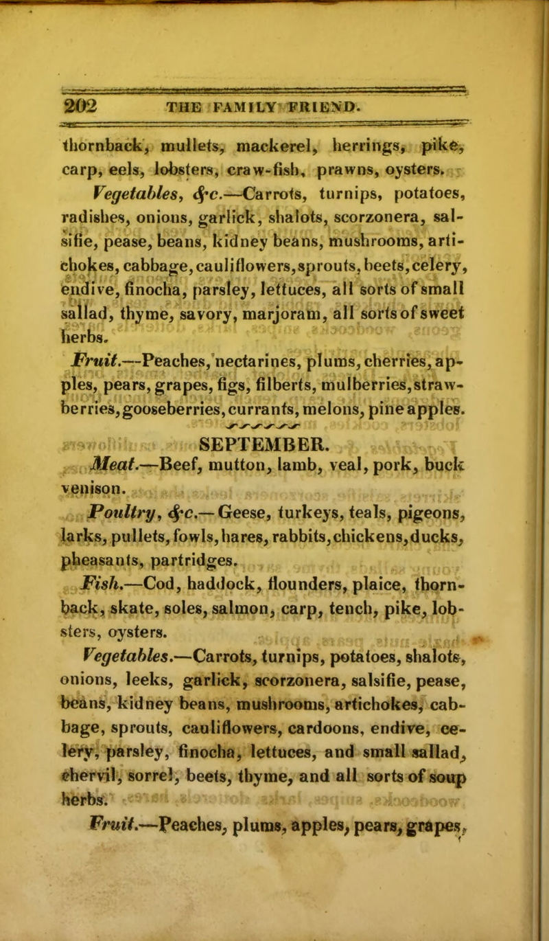 thornback, mullets, mackerel, herrings, pike, carp, eels, lobsters, craw-fisb, prawns, oysters. Vegetables, 4'c.—Carrots, turnips, potatoes, radishes, onions, garlick, shalots, scorzonera, sal- sifie, pease, beans, kidney beans, mushrooms, arti- chokes, cabbage, cauliflowers, sprouts, beets, celery, endive, finocha, parsley, lettuces, all sorts of small sailad, thyme, savory, marjoram, all sorts of sweet herbs. Fruit.—Peaches,’nectarines, plums,cherries,ap- ples, pears, grapes, figs, filberts, mulberries,straw- berrles,gooseberries,currants, melons, pineapples. -rr SEPTEMBER. Meat.—Beef, mutton, lamb, veal, pork, buck venison. » Poultry, 4’C.— Geese, turkeys, teals, pigeons, larks, pullets, fowls, bares, rabbits, chickens, ducks, pheasants, partridges. Fish.—Cod, haddock, fiounders, plaice, thorn- backs skate, soles, salmon, carp, tench, pike, lob- sters, oysters. ^ Vegetables.—Carrots, turnips, potatoes, shalots, onions, leeks, garlick, scorzonera, salsifie, pease, beans, kidney beans, mushrooms, artichokes^ cab- bage, sprouts, cauliflowers, cardoons, endive, ce- lery, parsley, finocha, lettuces, and small sailad, chervil, sorrel, beets, thyme, and all sorts of soup herbs. Fruit.—peaches, plums, apples, pears, grapes,