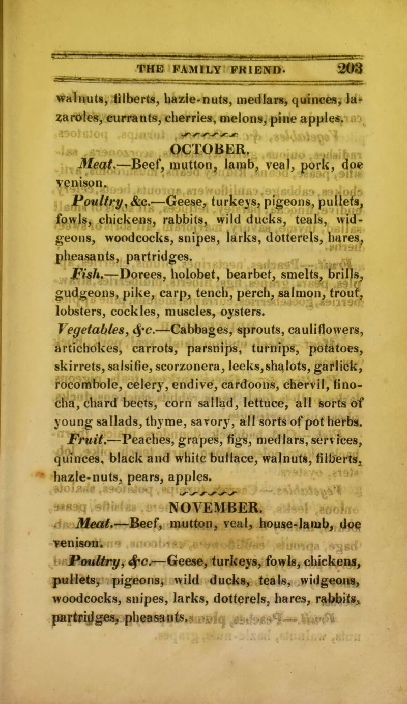 walnuts, Gilberts, bazie-nuts, medlars, quinces, Ja* paroles, currants, cherries, melons, pine apples. OCTOBER. Meat.—Beef, mutton, lamb, veal, pork, doe venison. 1, Poultry^&c,—Geese, turkeys, pigeons, puUefi^ fowls, chickens, rabbits, wild ducks, teals, wjd- geons, woodcocks, snipes, larks, dotterels, hares^ pheasants, partridges. . Pish,—Dorees, holobet, bearbet, smelts, bVills, gudgeons, pike, carp, tench, perch, salmon, trouf, lobsters, cockles, muscles, oysters. Vegetablesf —Cabbages, sprouts, cauliflowers, artichokes, carrots, parsnips, turnips, potatoes, skirrets, salsifie, scorzonera, leeks, shalots, garlick, irocombole, celery, endive, cardoons, chervil, fino- cha, chard beets, corn sal lad, lettuce, all sorts of young sallads, thyme, savory, all sorts of pot herbs. Pruit.—Peaches, grapes, figs, medlars, services, quinces, black and while bullace, walnuts, filberts, hazle-nuts, pears, apples. NOVEMBER. r *^^m Meat,—Beef, mutton, veal, house-lamb, doe venison. ..Poultry, —Geese, turkeys, fowls, chickena, pullets, pigeons, wild ducks, teals, widgeons, woodcocks, snipes, larks, dotterels, hares, rabbits, pfirtrii[lges, pheasants.ji f