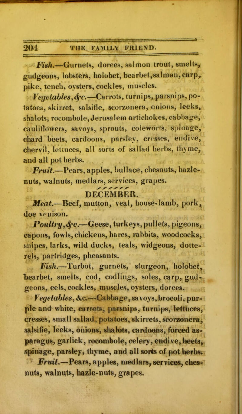 Fish.—Gurnets, dorees, salmon trout, smelts, gudgeons, lobsters, holobet, bearbet,salmon,carp,, pike, tench, oysters, cockles, mu-scles. Vegetables—Carrots, turnips, parsnips, po- tatoes, skirret, salsilie, scorzonera, onions, leeks, shalots, rocombole, Jerusalem artichokes, cabbage, cauliflowers, savoys, sprouts, coieworfs, spinage, chard beets, cardoons, parsley, cresses, endive, chervil, lettuces, all sorts of sal lad herbs, thyme, and all pot herbs. Fruit,—Pears, apples, bullace, chesnuts, hazle- nuts, walnuts, medlars, services, grapes. deceSiber. Meat.—Reef, mutton, veal, house-lamb, pork, doe venison. Poultry,<^'c.—Geese, tirrkeys, pullets, pigeons, capons, fowls, chickens, hares, rabbits, woodcocks, snipes, larks, wild ducks, teals, widgeons, dotte- rels, partridges, pheasants. ‘ Fish.—Turbot, gurnets, sturgeon, holobet, bearbet, smelts, cod, codlings, soles, carp, gud-^ geons, eels, cockles, muscles, oysters, dorees. , Vegetables, &c.—Cabbage, savoys, brocoli, pur- ple and white, carrots, parsnips, turnips, lettuces, cresses, small sallad, potatoes, skirrets, scorzsoneraj salsifle, leeks, onions, shalots, cardoons, forced as- paragus, garlick, rocombole, celery,endive, beets, spinage, parsley, thyme, and all sorts of pot herbs. Fruit.—Pears, apples, medlars, services, ches- nuts, walnuts, hazle-nuts, grapes.