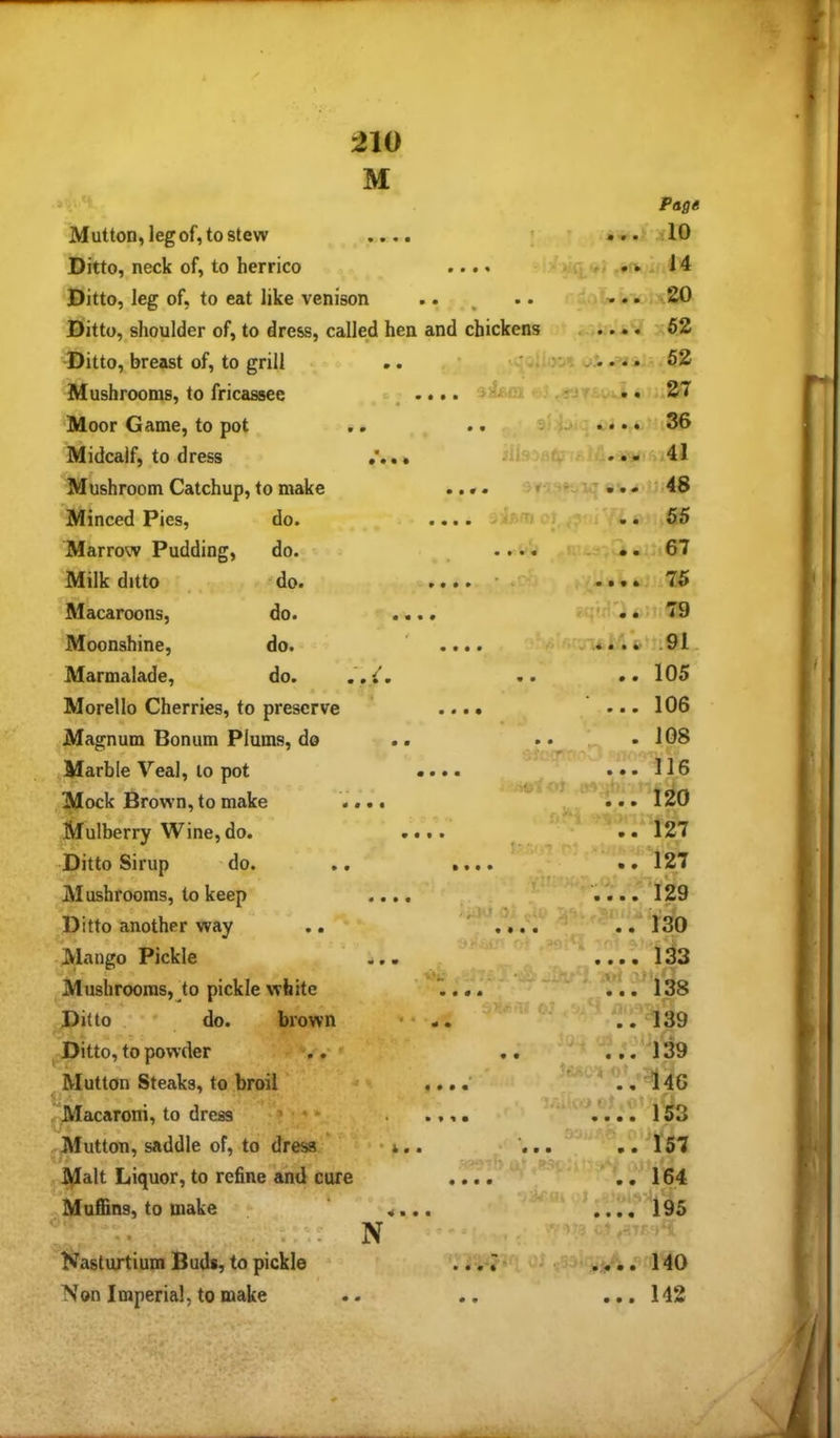 2W M Mutton, leg of, to stew ..,. Ditto, neck of, to herrico Ditto, leg of, to eat like venison Ditto,_shoulder of, to dress, called hen •Ditto, breast of, to grill Mushrooms, to fricassee . . Moor Game, to pot Midcaif, to dress Mushroom Catchup, to make Minced Pies, do. Marrow Pudding, do. Milk ditto do. Macaroons, do. ... Moonshine, do. Marmalade, do. • ••• Morello Cherries, to preserve Magnum Bonum Plums, do .. Marble Veal, to pot Mock Brown, to make .... Mulberry Wine, do. .. Ditto Sirup do. Mushrooms, to keep .... JDitto another way -Mango Pickle ... ' t Mushrooms, to pickle white Ditto do. brown Ditto, to powder » ^Mutton Steaks, to broil Macaroni, to dress ' *'' * Mutton, saddle of, to dress • • 4.. jli|{Ialt Liquor, to refine and cure Page ... 10 rt -.'V -A, 1 4 A. . v t>.20 ...•J v62 and chickens . ... . • .’i. 52 ,,. >i&ai ^ > .. .27 .. ...» 36 jii-.-u ..41 a... f ... i.48 .... 55 .... 67 .... ' . r • . • . 7.5 . . ^ i 9 .... ..105 .... ... 106 ■ .. .108 >••• •••iiO ;.. 120 or, ^^7  . . 127 i -Jett'S or y:' - 129 ..130 •••!00 ..139 ■ ^;^‘'^139 .'i4G 1 li, 153 Muffins, to make o ^ N Nasturtium Buds, to pickle ..157 •••• o4 195 «5-=- .'Pi 40