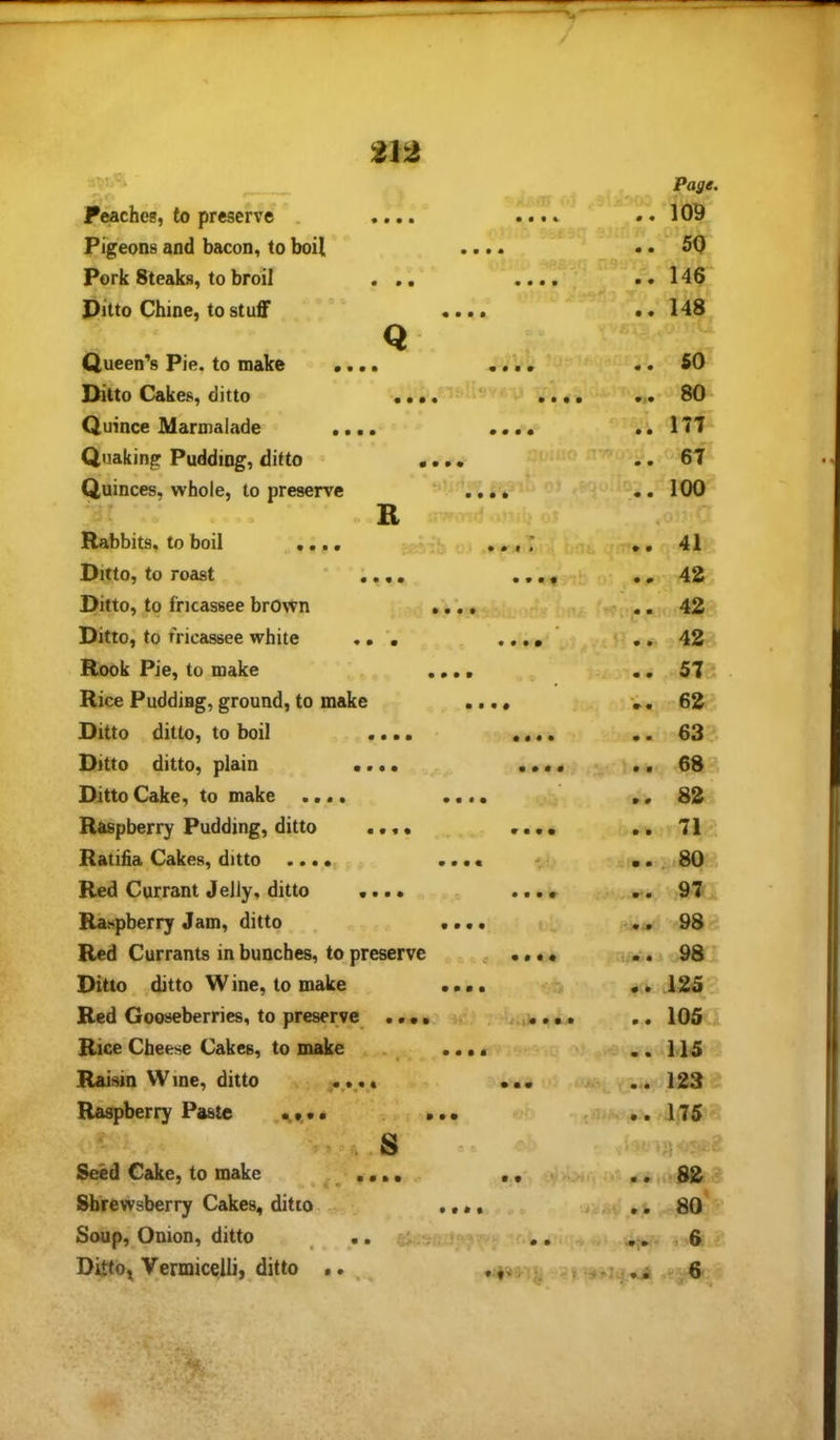 ' » Feaches, to preserve . • • • a • • • «. • • 109 Pigeons and bacon, to boil • • • a • • 50 Pork Steaks, to broil • • • • • • • • • 146' Pitto Chine, to stuff • • • • • • 148 Q Queen’s Pie. to make .,. • • • • 50 Ditto Cakes, ditto *« • • • • • • 1 80 Quince Marmalade ... • # • • • • • 177 Quaking Pudding, ditto « • • # mo nwon: • • 67 Quinces, whole, to preserve • • • K'o ,. 100 •'dr R Rabbits, to boil .... ' ' • • $ t 41 Ditto, to roast ‘ ; « « • • • ■ f • • 42 Ditto, to fricassee brown • • • • 42 Ditto, to fricassee white » • • • • • r... 42 Rook Pie, to make • • • • • • 57a Rice Pudding, ground, to make • • • # •> • 62 Ditto ditto, to boil • • • • • • • • • m 63 Ditto ditto, plain ., • • • • 9 9 68'. Ditto Cake, to make .... • « • • 9 0 82 Raspberry Pudding, ditto ■ • « • 9 9 71 Ratifia Cakes, ditto .... • • • « ^ i m 9 80 Red Currant Jelly, ditto . « • • • • * r * •* • •97^1 Raspberry Jam, ditto • • • • ' 9^ 98 Red Currants in bunches, to preserve « • • • \:9i* 98 Ditto ditto W ine, to make • • • • ' > 9 9 125 Red Gooseberries, to preserve • • • • /aiM • • • 9 0 105J Rice Cheese Cakes, to make • • • « • .. ^ ' • • 115 Raisin Wine, ditto t • • V m>9 123 Raspberry Paste • # • 176 .S 'A Seed Cake, to make Sbrewsberry Cakes, ditio Soup, Ouion, ditto Dijtoj Vermicelli, ditto • • • • • 1* Sfi> • t * » ' ■ io\ • k 80 ^ • • 'v' s- ■ 0 • •